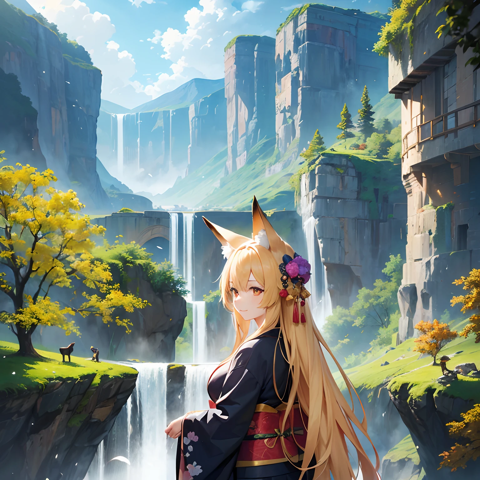 masutepiece,Golden Fox、Lots of Tails、Golden Eyes、length hair、Golden hair、a large amount of hair,(Little Girl,Early life)、Traditional kimono、Black kimono,a lot of big fox tails、(Golden Eyes、Fox ears、length hair、Golden hair),Beautiful face、(Detailed face,A slight smil)、a large amount of hair、Thick kimono、Black kimono、Plum floral pattern、Overlapping kimonos、Proud look,Shear Mountains, Waterfall, cliff, Bright sky,Illustration,Stunning,An majestic, Vibrant colors,Ultra-detailed,Highest Quality,Background as the main,landscape,Highly detailed blues,Beautiful detailed green trees々々々,breathtaking scenery,Crystal clear water,Roaring Falls,Sunlight glittering on the cliffs,Deep canyon below,Thrilling heights,I see a rainbow in the distance,serene ambiance