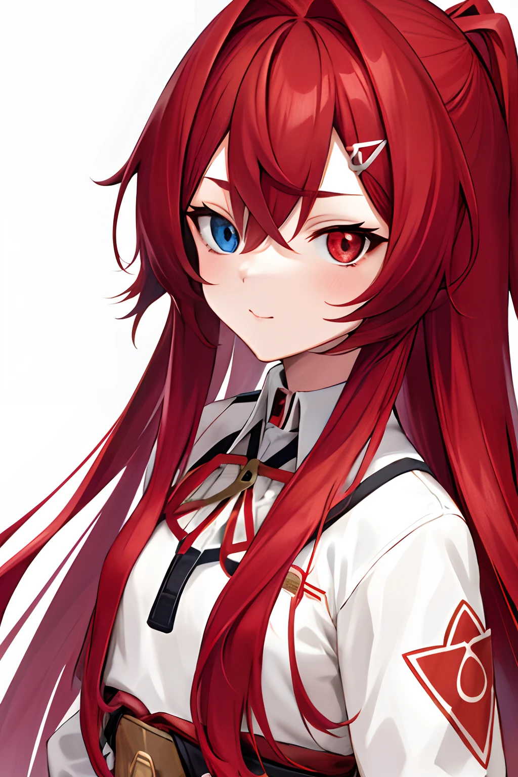 red rair, long hair, japanese high school uniform, ddange, heterochromia, white background