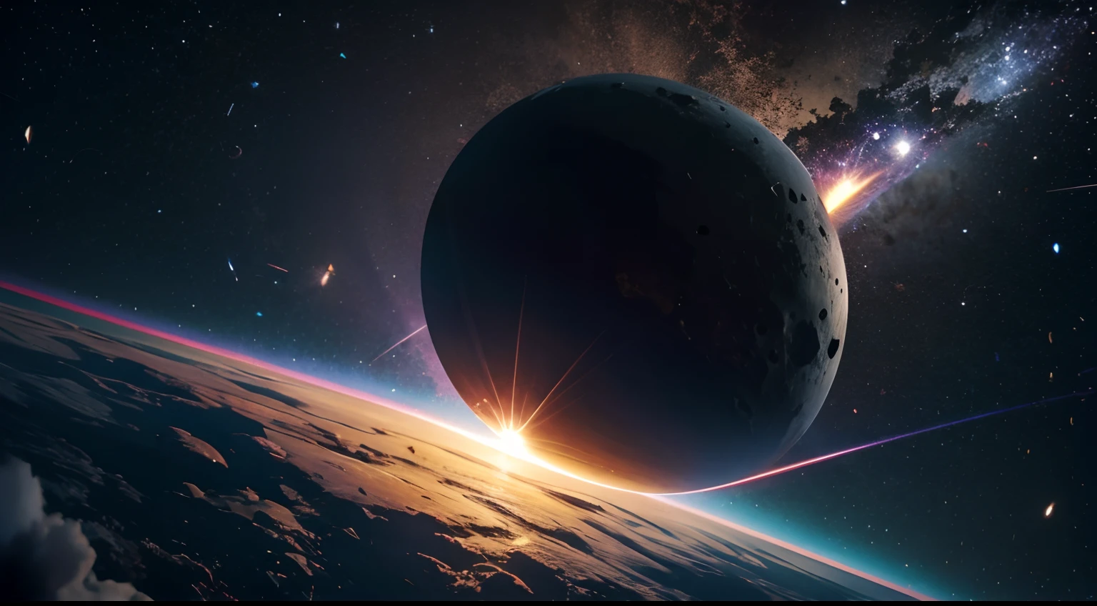 A view of a planet with a bright light shining from the top - SeaArt AI