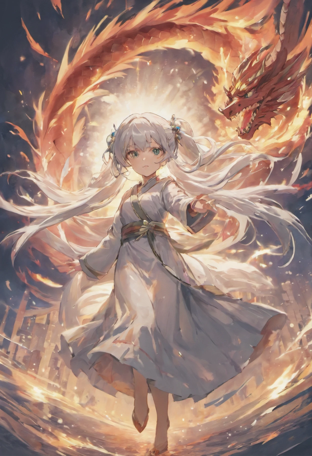 Dragon flying over burning town、large plumage、highcontrast、Girl is looking at the sky、red fullmoon、splash water、Flowing flame、detailed girl、neon color、Incandescent effect、18year old、(Yanlong、Ice Dragon;3,7)、(((robe blanche、Twintail、Rin々Shishi Face、With long silver hair)))