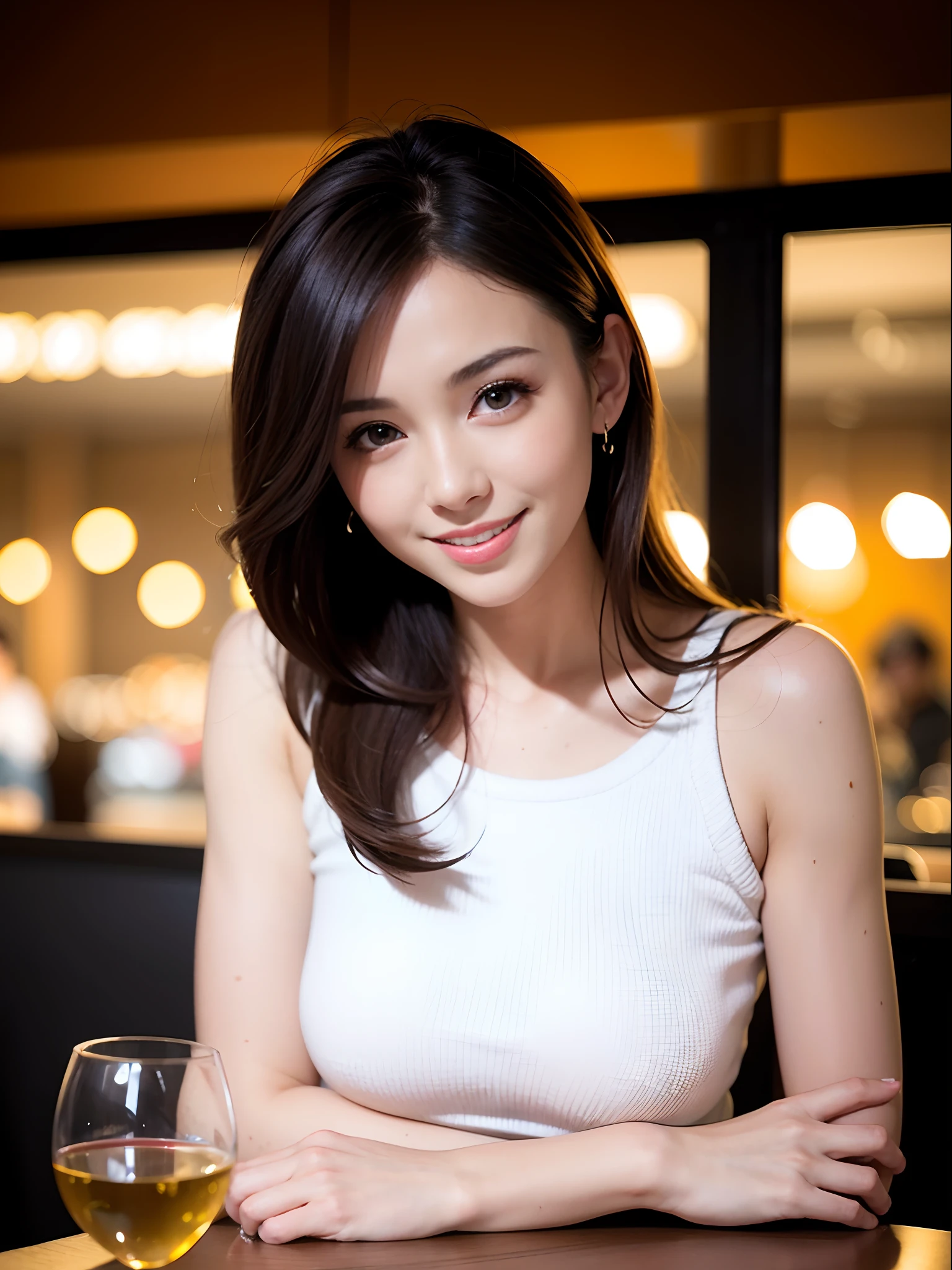Ulzzang-6500-v1.1, (RAW Photos:1.2), (Photorealistic), (Genuine:1.4), (Pieces fly),(Very realistic, High resolution, Detailed face, Beautiful Eyes), Thin woman, 40 years old, Cute face, Looking at the audience, (A very loving smile:1.2)、Straight Bob Hair_Front lower cut, Slim figure, Small breasts, Very small waist, At a restaurant, Wearing a knitted dress