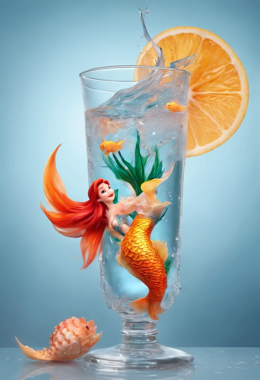 The Little Mermaid Swims in a Glass, Very cool and fresh, Add a few leaves, Add ice cubes, In the cinematic Sudio, realistic photo shot, Best Photography Award, Studio Lighting, diffuse lighting, Super detail of shadows, Super detail in glass, Works by the world's best food photography