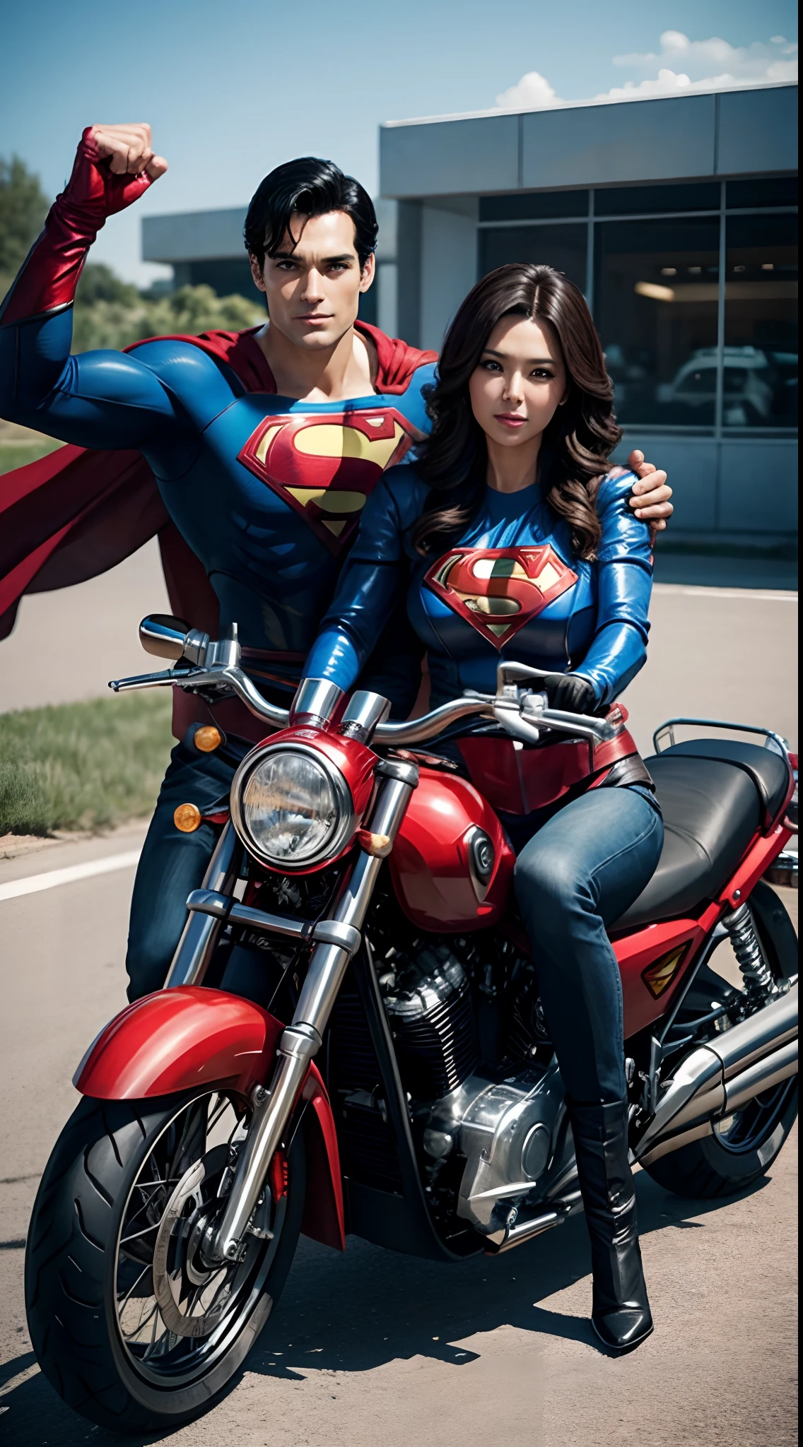 Superman riding motorbike with wife