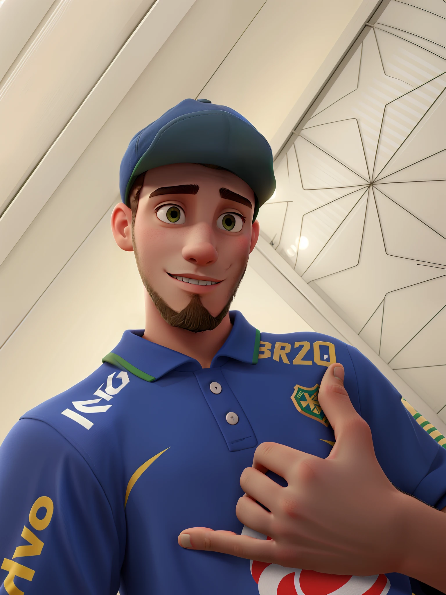 skinny boy with a small beard and a cap and a Brazil shirt