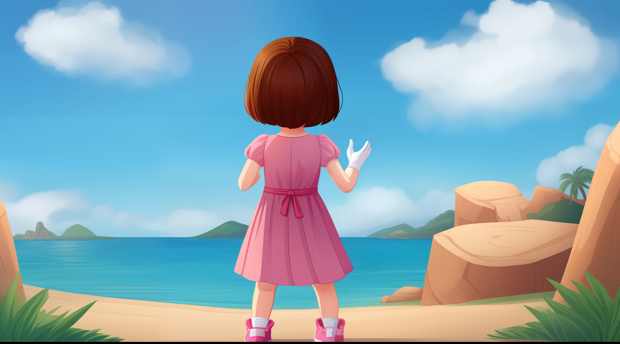 back image, a single 5 year old girl with her back looking at an island on the horizon, alone, standing, with brown hair, arms apart, legs apart, pink dress, white gloves, pink shoes, Illustration style 2D childish.