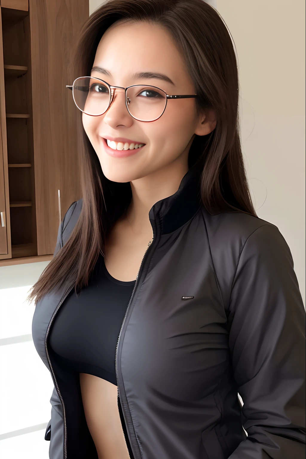 Best Quality, photoRealstic,The biggest smile looking at the camera, Wearing a jacket, Big Breast, Glasses, Focus on Face, Room,