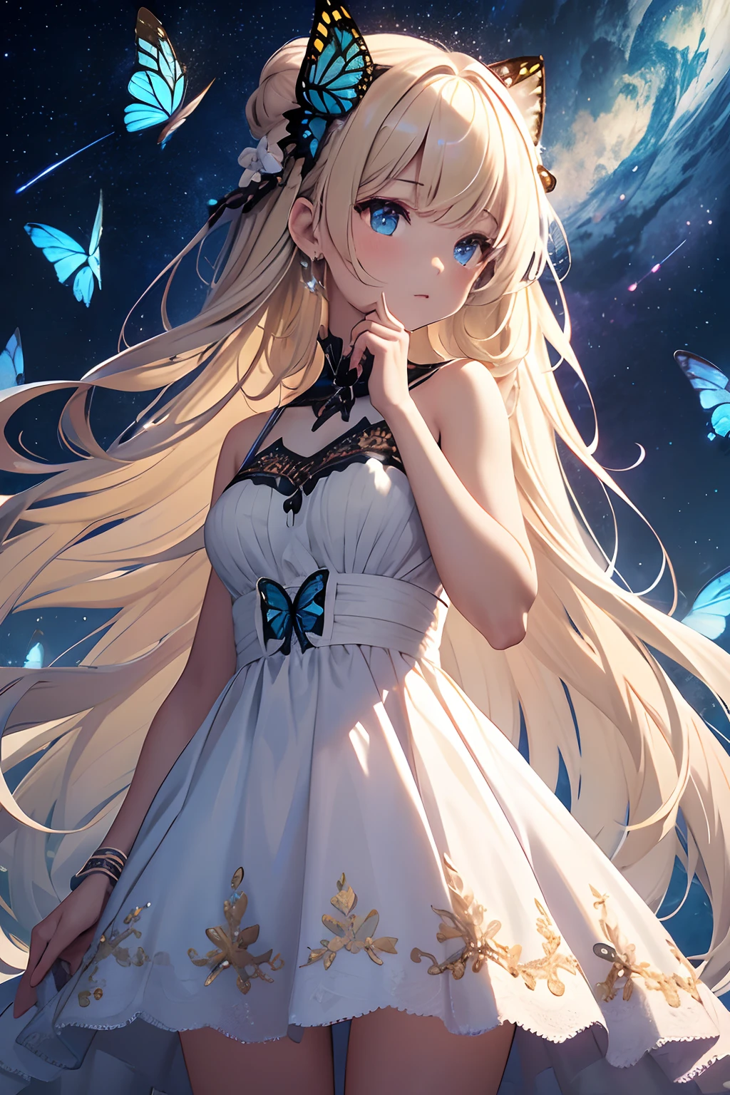masterpiece、Background with((Fantastic starry sky、kosmos、black hole))、heavy wind、Standing in the distance、Hands raised in the back、Butterflies in a white mini dress with a slit々Embroidery、Blonde Long、Butterflies with hair in a bun々Pin in、a beauty girl、butterflys々emits light blue light