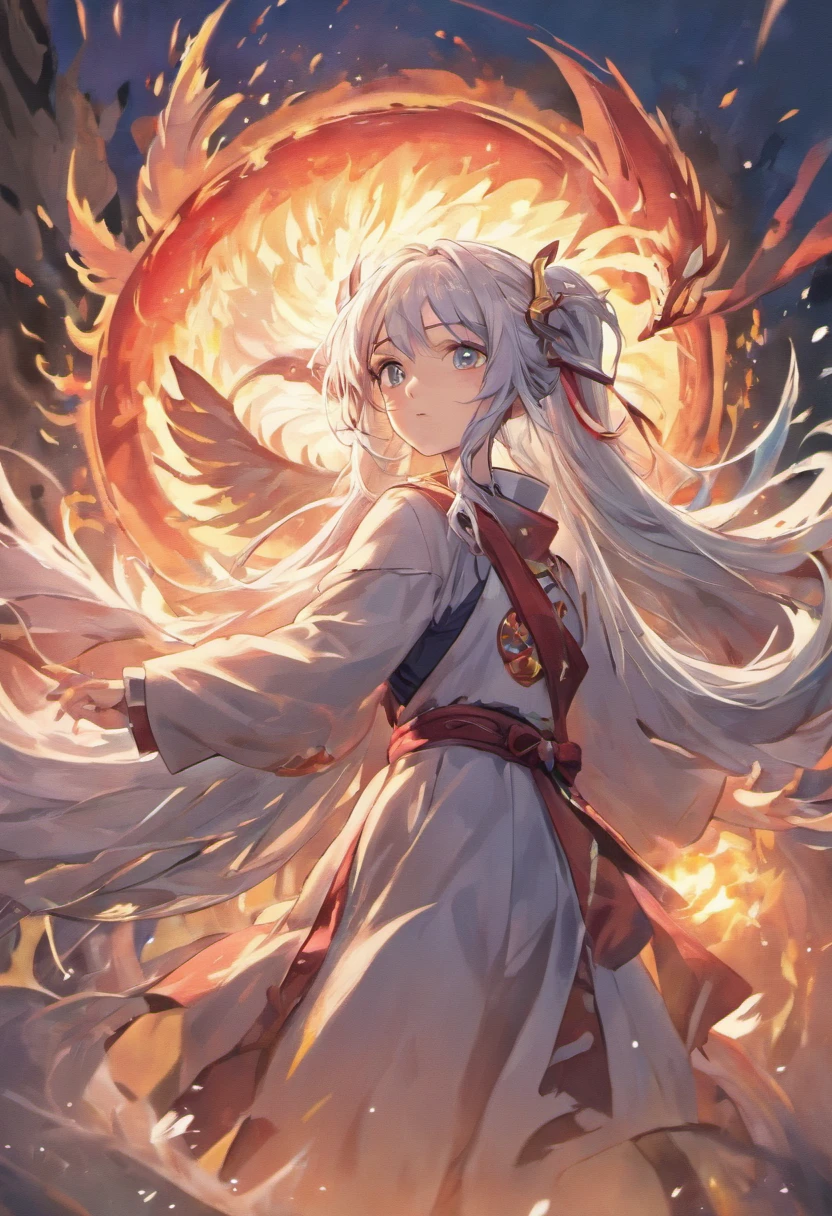 Dragon flying over burning town、large plumage、highcontrast、Girl is looking at the sky、red fullmoon、splash water、Flowing flame、detailed girl、neon color、Incandescent effect、18year old、(Yanlong、Ice Dragon;3,7)、(((robe blanche、Twintail、Rin々Shishi Face、With long silver hair)))、((Little bump))