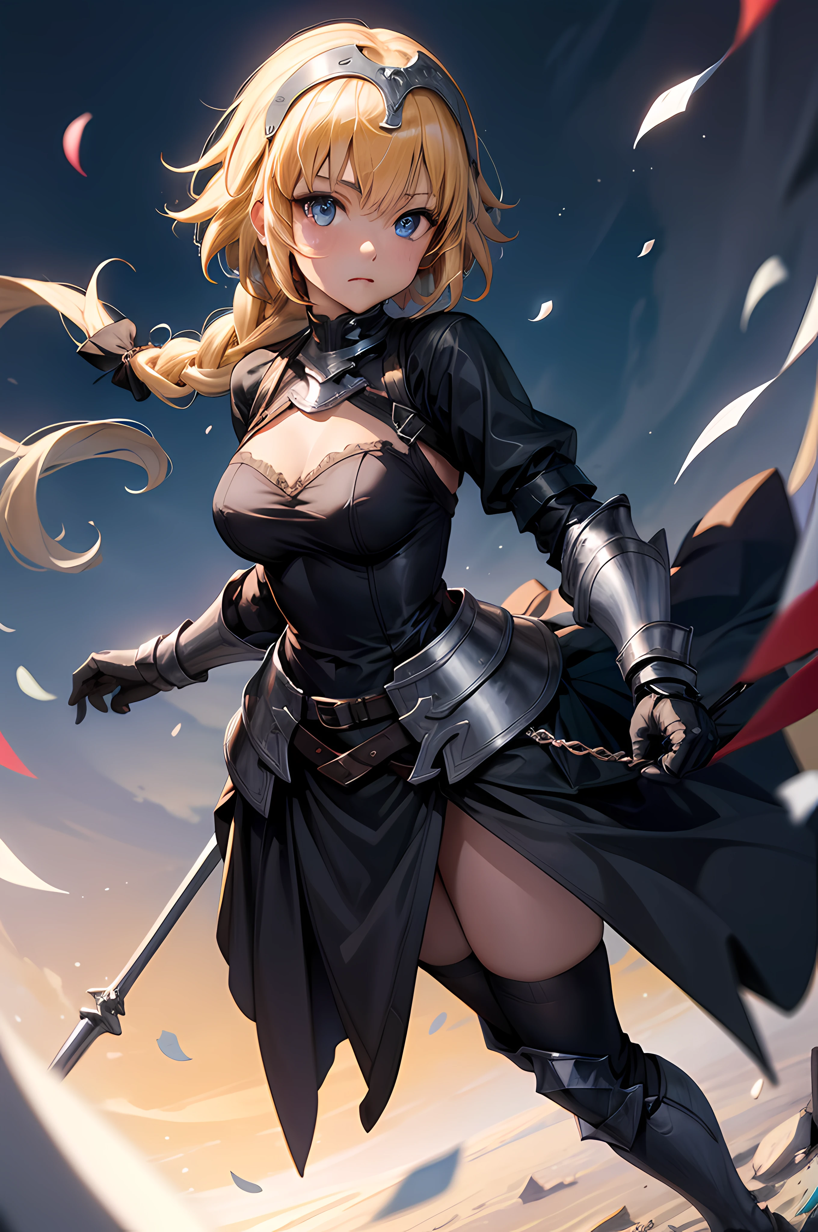 1girl, solo, (masterpiece), best quality, expressive eyes, perfect face, jeannedarc, jeanne darc, blonde hair, blue eyes, long hair, armor, armored boots, armored dress, black gloves, black thighhighs, braid, dress, gauntlets, gloves, headpiece, blue dress, single braid, thighhighs, flower field, floating petals, portrait, looking at viewer