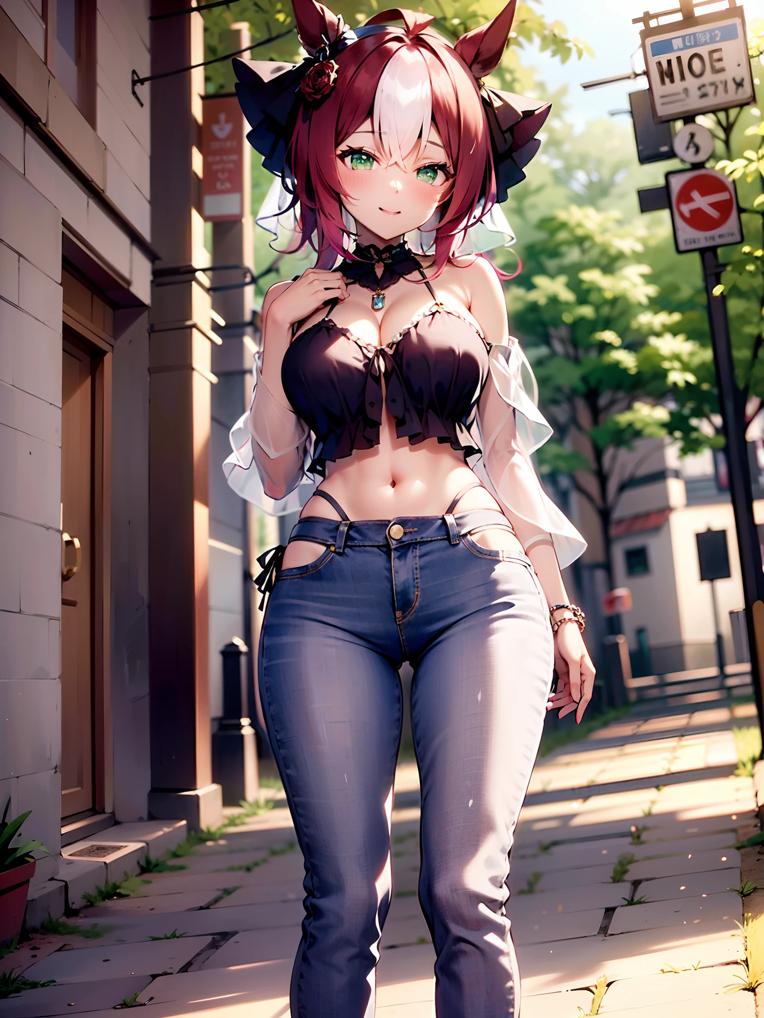 1girl, 独奏,(Best Quality),(Masterpiece:1.1), full - body, Dynamic Angle, olhando_at_Viewer, (Jeans:1.2), red clothes, Cute, clear facial skin,(((NSFW))), (((Srednyaya zrud:1.3))), ssmile