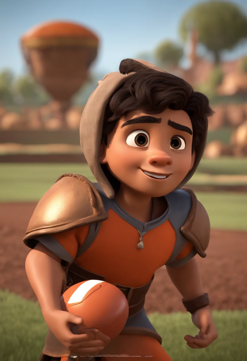 A 3d 4k poster-style character inspired by Disney Pixar. An image of a strong Latino boy in medieval clothing wearing orange and black clothes.
He wears a gladiator's helmet.
He's serious.
He is running with a rugby ball in his hand.

He has short legs.

The image takes place on a rugby field and is full of mud
The scene must be in Pixar's digital art style, with a focus on the characters' expressions, vibrant colors and detailed textures.