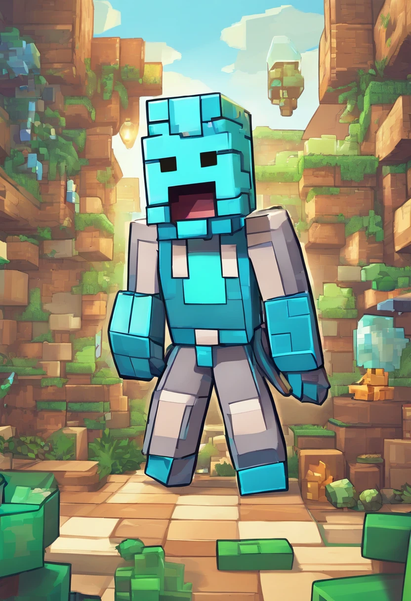 best quality,ultra-detailed,realistic:1.37,(HDR,UHD),professionally-rendered,sharp focus,physically-based rendering,vivid colors,studio lighting,bokeh,portraits,diamond armor character,pixar animation style,Steve,minecraft game,retaining the essence of the original Minecraft design,long,blocky limbs and body,happy and friendly facial expression,wearing a full set of diamond armor,diamond helmet,diamond chestplate,diamond leggings,diamond boots,smooth and shiny diamond texture,reflecting light beautifully,blue and cyan tones,pixelated art style,accurate representation of the Minecraft world,muted background,glowing eyes,floating square speech bubble saying "Hi!",blend seamlessly into the Minecraft environment,unique artistry while respecting the established Minecraft aesthetic.
