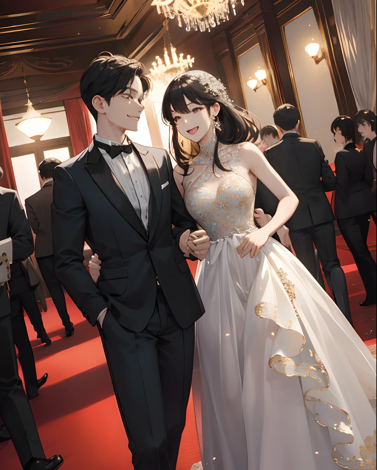 Masterpiece, Best quality, 8K, high detal, Ultra-detailed,quadratic element,A group of people dressed in gorgeous evening dresses,Greet those around you with a smile。 The venue was a lavish indoor cocktail party,Under the tall crystal chandeliers,People wore all kinds of evening dresses,The three of them got together to talk and laugh。 It was night,Outside the sky twinkled with stars。Gorgeous interior lighting,It creates a fantastic atmosphere。 Observe from a greater distance,The whole cocktail party scene was very lively,People are looking for money,The music flows softly。The viewing angle is heads-up。 The picture quality is very clear,The details can be seen in the delicate texture of the girl's evening dress and the smiles on people's faces。 The painting style is realistic,with soft colors,The proportions of the characters are well-proportioned and natural。The overall style is full of elegance and romance。