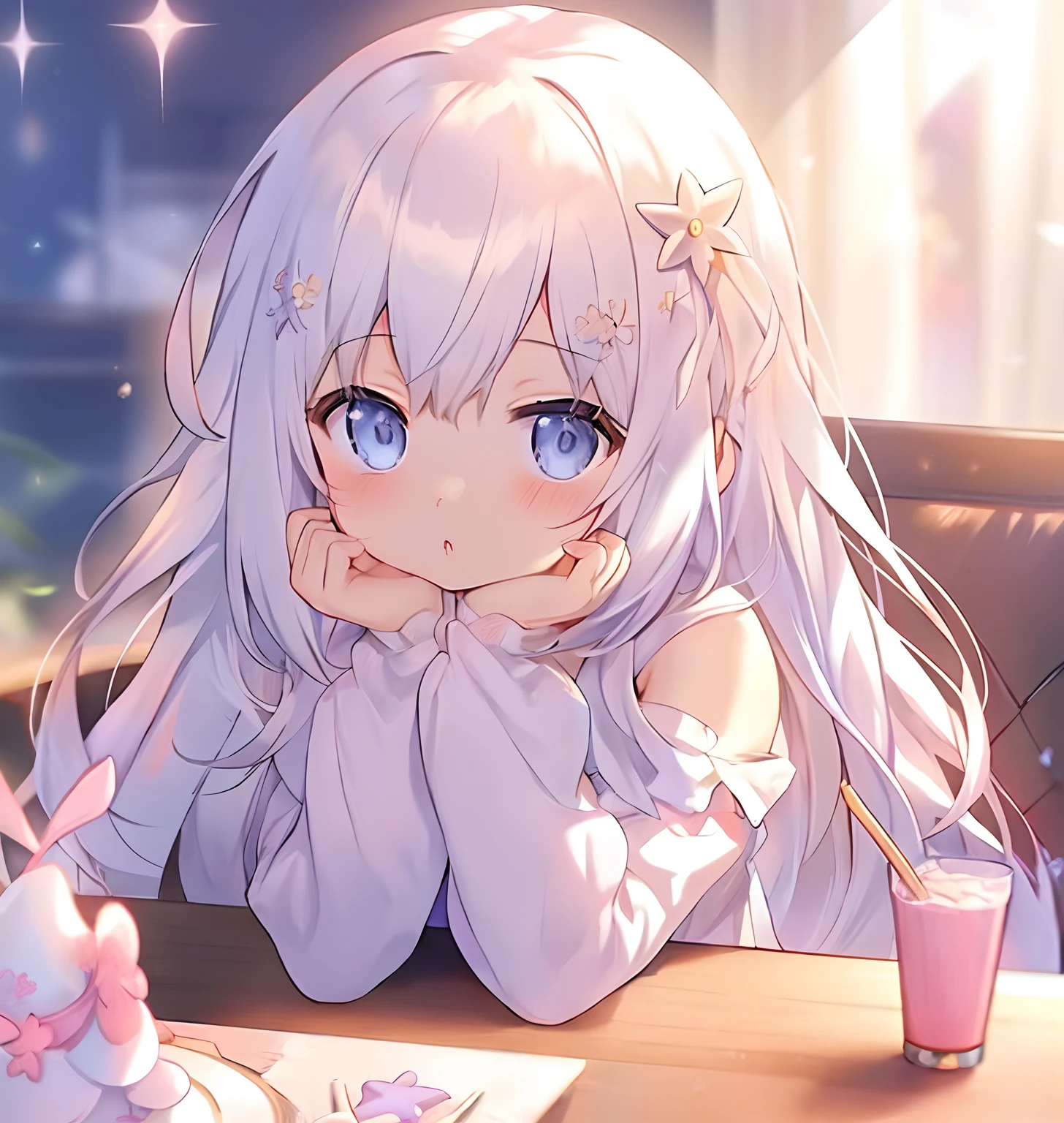 Anime girl with long white hair sitting at a table eating cake, Cute girl, Cute anime girl, Perfect white haired girl, white color hair, pretty anime girl, Sell moe