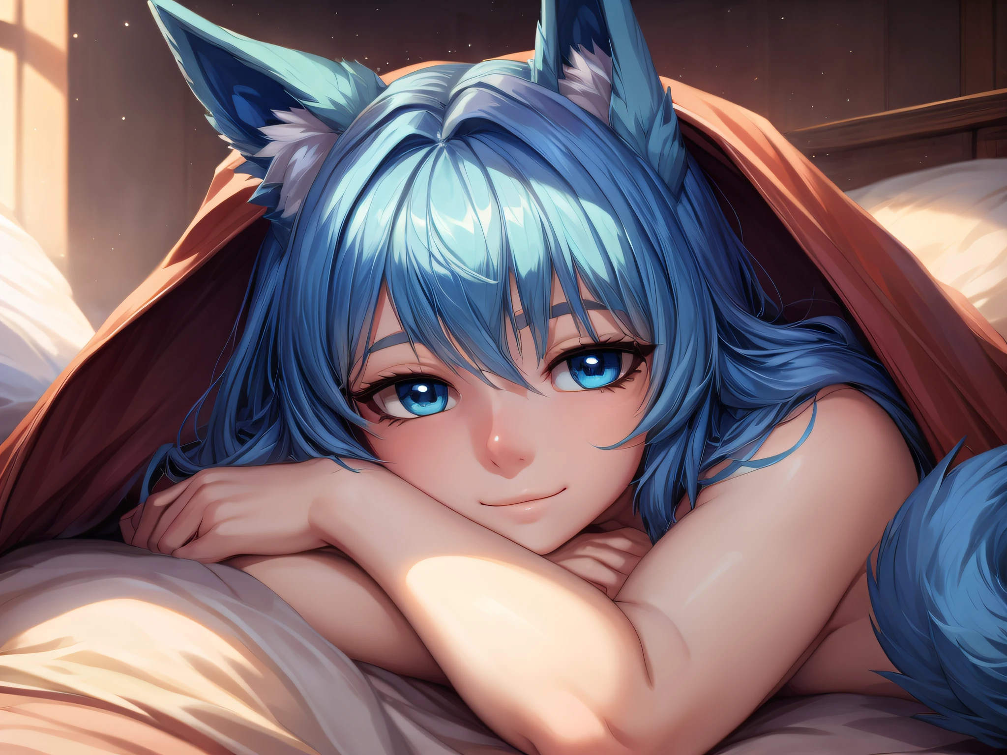 (Masterpiece) (High Detail) (High Res) A short humanoid girl with pale human skin and blue eyes and long blue hair and blue dog ears and a big fluffy dog tail is laying in bed, all cuddled up in her blankets.