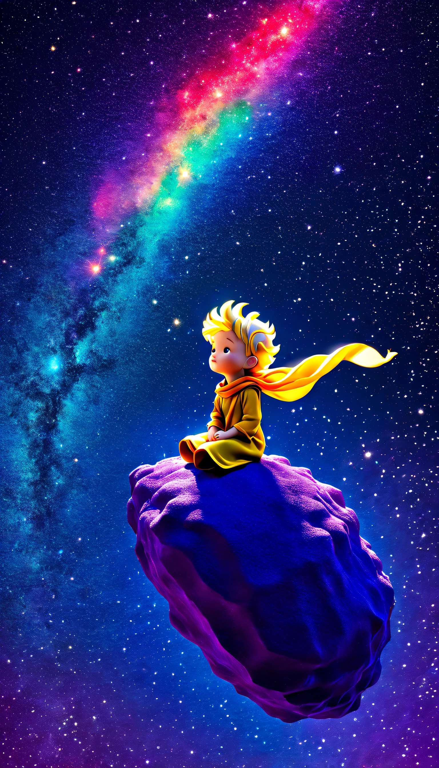 The Little Prince atop a majestic, multi-hued meteor, as it soars through the starry cosmos, showering vibrant celestial dust and evoking a sense of infinite awe and wonder.