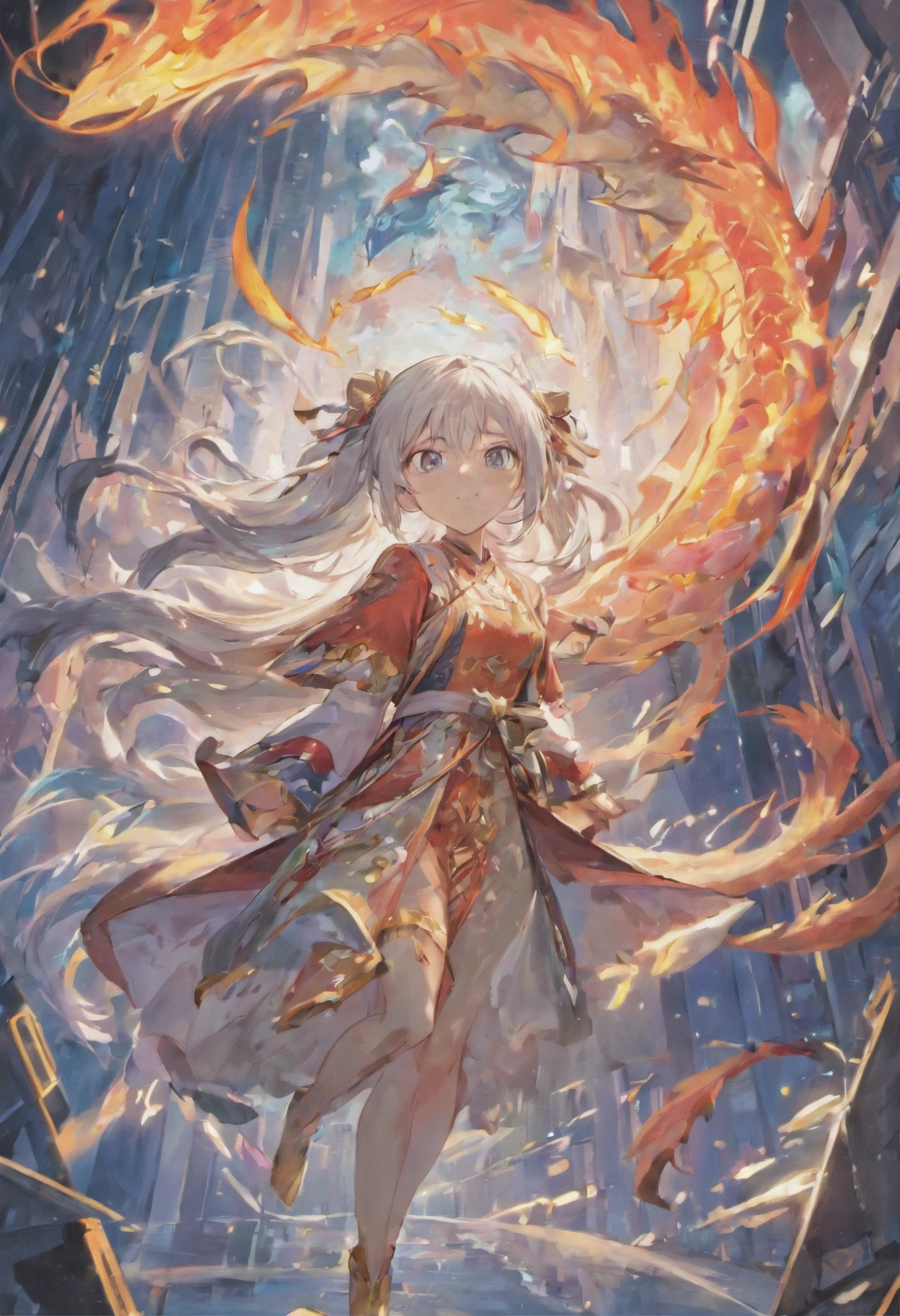 Dragon flying over burning town、large plumage、highcontrast、Girl is looking at the sky、red fullmoon、splash water、Flowing flame、detailed girl、neon color、Incandescent effect、18year old、(Yanlong、Ice Dragon;3,7)、(((robe blanche、Twintail、Rin々Shishi Face、With long silver hair)))、((Little bump))