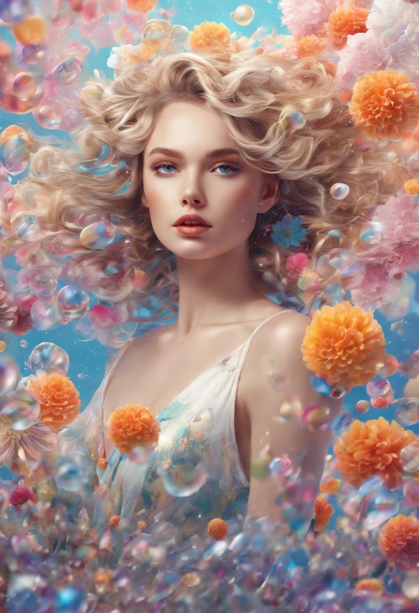 (Masterpiece), (Best Quality), (The ultra-detailliert),(ldisheveled hair),(Illustration), (1 persons), Standing, Fashion model, looking up at viewer, (interview), (detailed background),Beautiful detailed eyes, Delicate beautiful face, Floating,(high saturation),(Colorful splash),Colorful bubbles,(glittering), focus on face, Floating flowers, floating hair, (glittering), Best lighting, best shadows,
