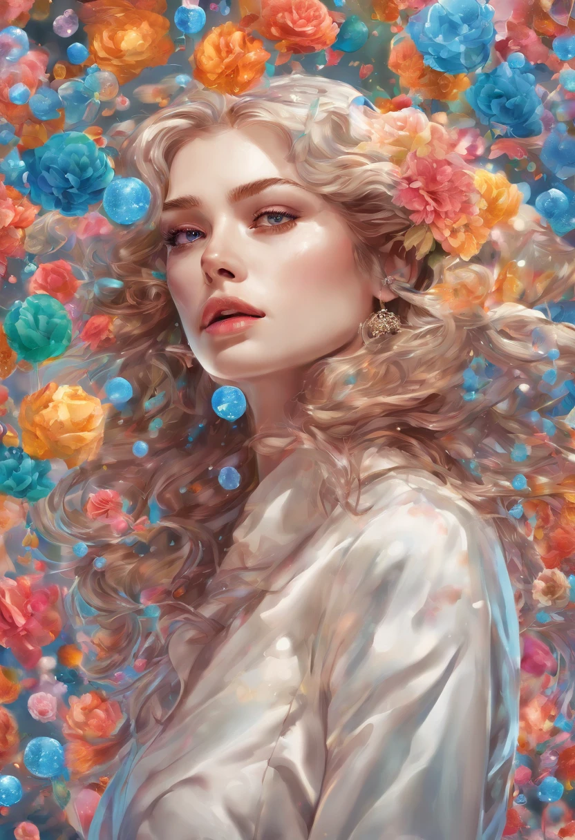 (Masterpiece), (Best Quality), (The ultra-detailliert),(ldisheveled hair),(Illustration), (1 persons), Standing, Fashion model, looking up at viewer, (interview), (detailed background),Beautiful detailed eyes, Delicate beautiful face, Floating,(high saturation),(Colorful splash),Colorful bubbles,(glittering), focus on face, Floating flowers, floating hair, (glittering), Best lighting, best shadows,