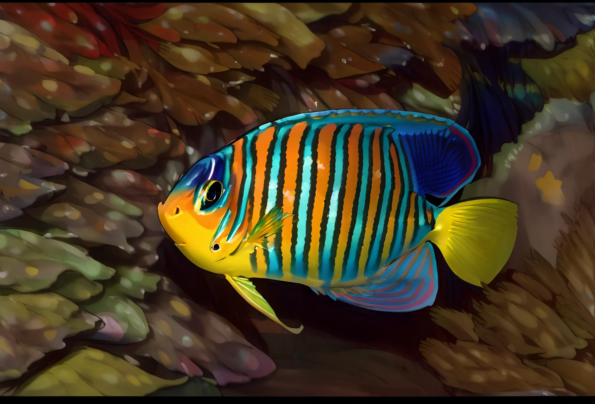 um close up de um peixe com uma faixa azul e amarela, exotic fish, peixes tropicais, peixes coloridos, preto bonito azul amarelo, vivid colors!, fauna azul e amarela, animal marinho, criaturas marinhas tropicais, peixe-borboleta, muito colorido, multi - colorido, vivid colors!!, maravilhosamente colorido, um colorido, profundidade