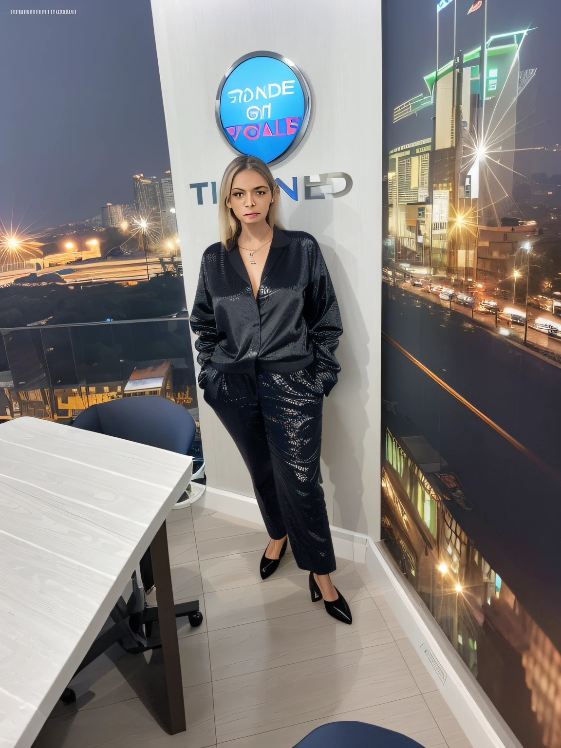 Woman standing in front of a wall with an image of a city at night, imagem de alta qualidade, solid background, Directed by: Nandor Soldier, Directed by: Emerson Silva, tiradas em 2022, imagem de corpo inteiro, retrato de corpo inteiro, Upload de alta qualidade, tomada em 2 0 2 0, In the background, not cropped