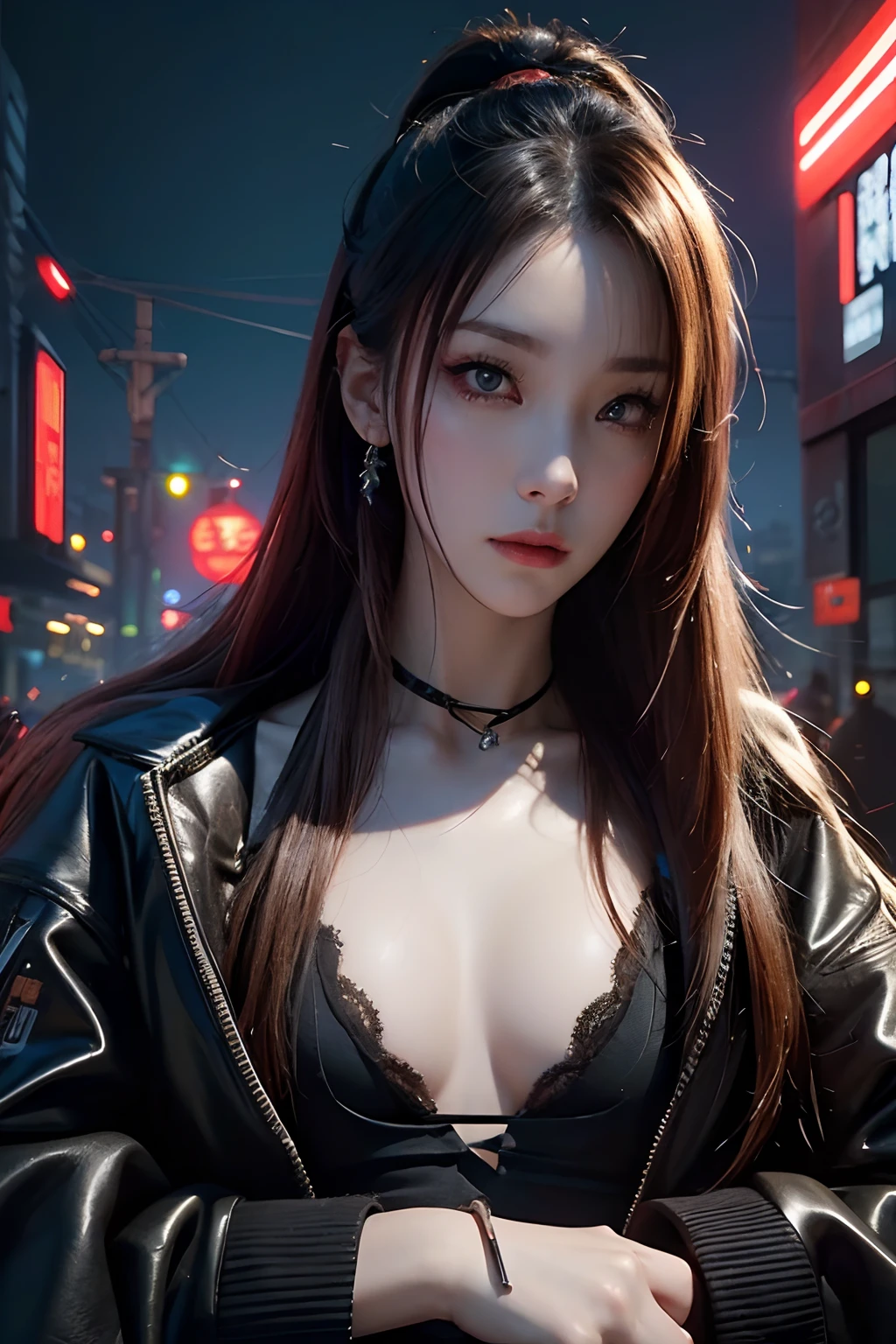 Superior quality, tmasterpiece, 超A high resolution, ((Photorealist: 1.4), photo RAW, brunette color hair, Hard skin, 1 mechanic, (Super realistic details)), globalillumination, shadowy, octan render, 8K, ultrasharp,bareface, metal, Intricate Ornament Details, egypician detail, highly intricate detail, Realistic light, CG Solution Trends, in front of camera, neon light detail, Mechanical limbs, blood vessels attached to the tube, Mechanical vertebrae attached to the back, mechanical cervical attachment to the neck, wires and cables connecting to head, Evangelion, Small, bright LED lights, (Dazzling cyberpunk cityscape in the background)Close-up of a ferocious warrior holding two bloody swords, anime cyberpunk art, cyberpunk anime art, an animated character; Full-body art,Change from cyberpunk, digitl cyberpunk - anime art, digital art cyberpunk anime, cyberpunk weapons, cyberpunk theme art, Cyberpunk art style,Experienced cyberpunk anime, Cyberpunk art of a, cyberpunk horror style