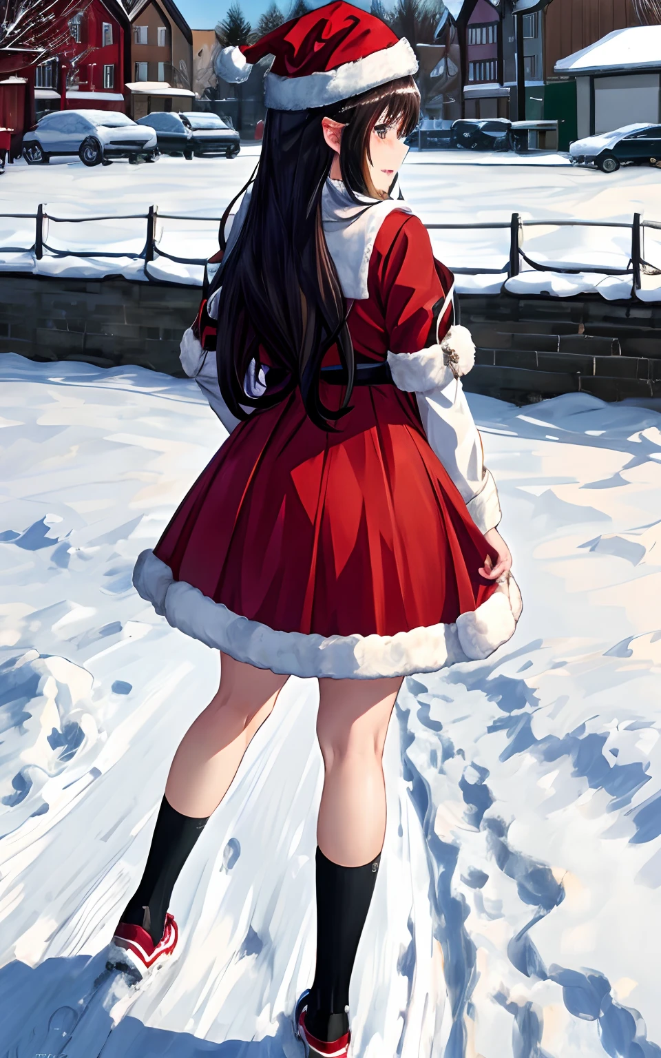 Giant anime adult girl in a santa hat posing for camera, ecchi, seductive anime girl, in the snow, guweiz, makoto, makoto kano, ****, rin, (anime girl), snowy, makoto shinka, from girls frontline, kawacy, anime girls, by Shitao, thicc, ecchi style, anime girl; Capture from behind, SFW