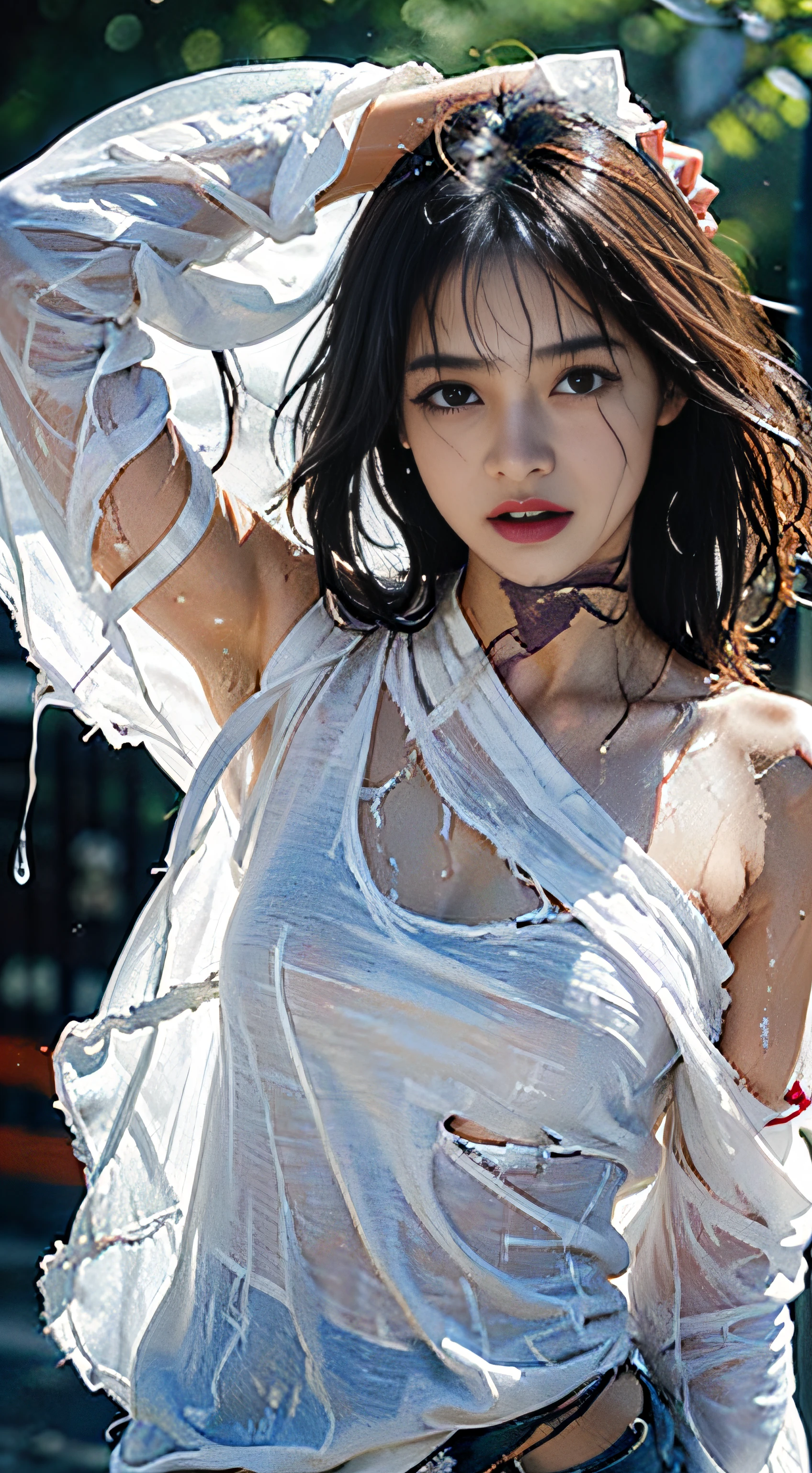 The highest image quality、​masterpiece、超A high resolution、(fidelity:1.4)、a picture、1 girl in、、white  shirt、film like、Tears、Tears、(ripped clothing:1.5)、(Wet clothes:1.4)、bare shoulders​、Real rain、wetting hair,