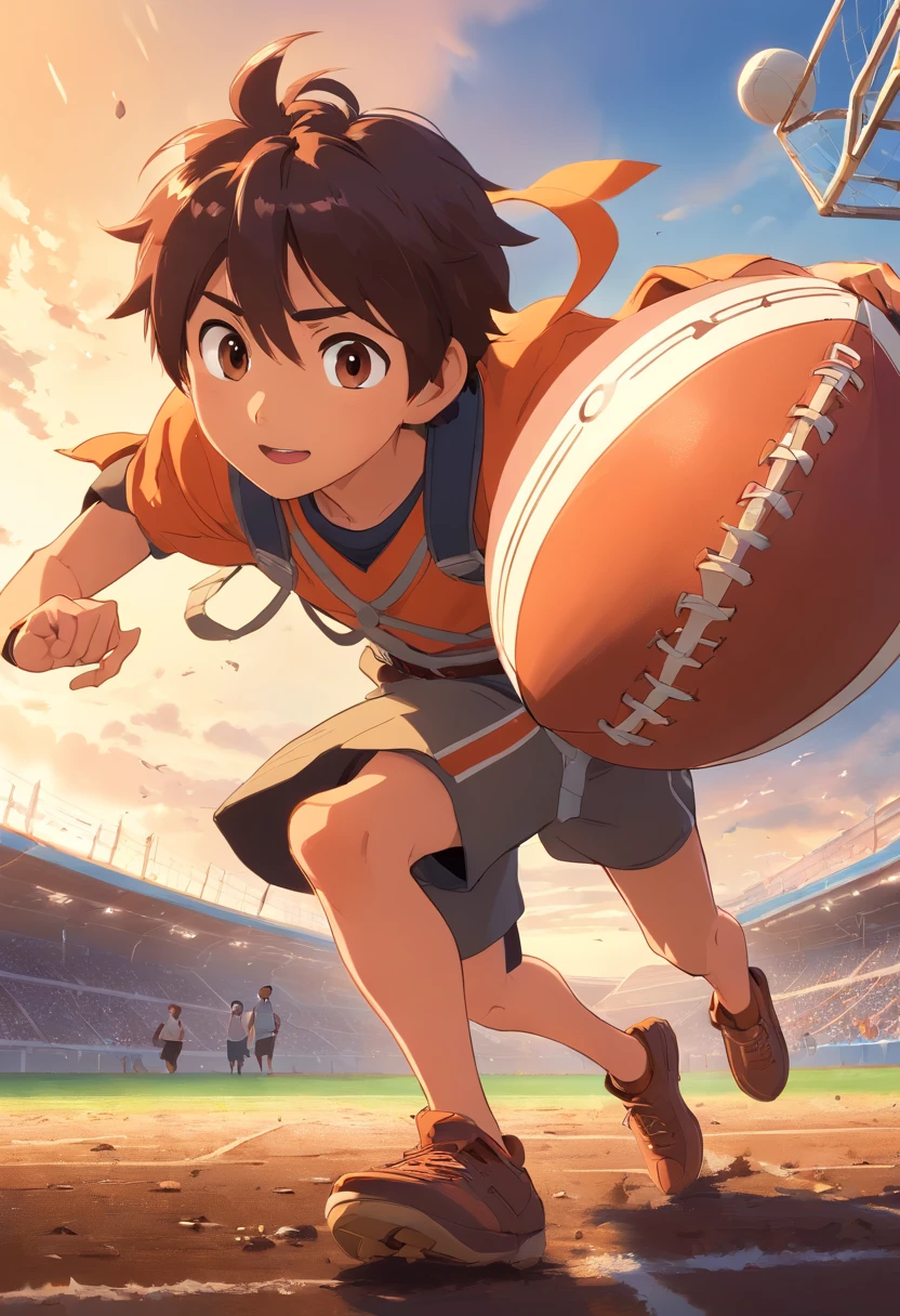 A 3d 4k poster-style character inspired by Disney Pixar. An image of a strong Latino boy in medieval clothing wearing orange and black clothes.
He wears a gladiator's helmet.
He's serious.
He is running with a rugby ball in his hand.
He has short legs.
The image takes place on a rugby field and is full of mud
The scene must be in Pixar's digital art style, with a focus on the characters' expressions, vibrant colors and detailed textures.