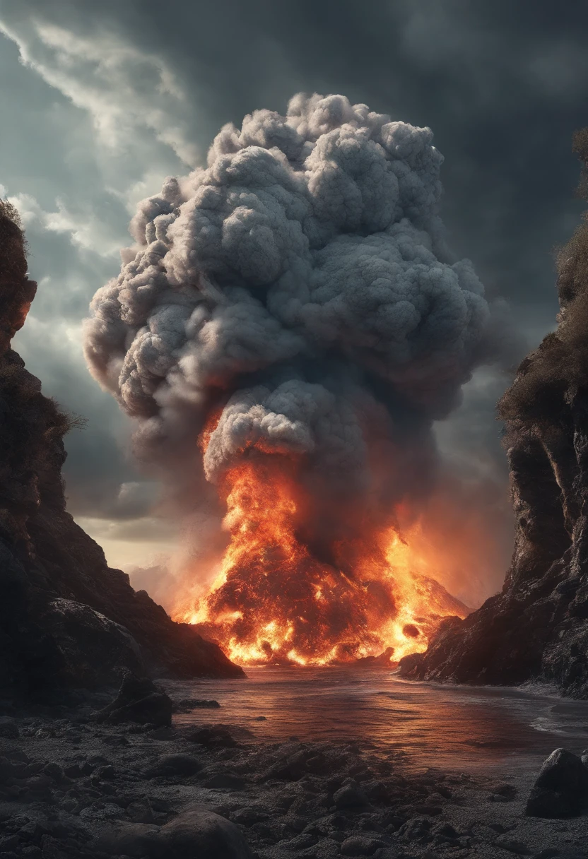 （Undersea volcanic eruption), （a volcano erupts：1.37），(Four pieces of hot magma flow into the sea and crevices in the rock)，Scorched black rock， (Sky volcanic ash），（rolling waves：1.0），Fire red sky，destroy，inverted image，Epic graphics，shocking effects，,Photography,Barnett S...,Photorealism,Imaginative,Otherworldly,Image from the work of Darren Aronofsky,Quixel Megascans Render,The picture is from Roger Deakins's work,Bottom view,Beautiful lighting, --AR 9:16 --V 5.2 --Upper Beta --Stop 80