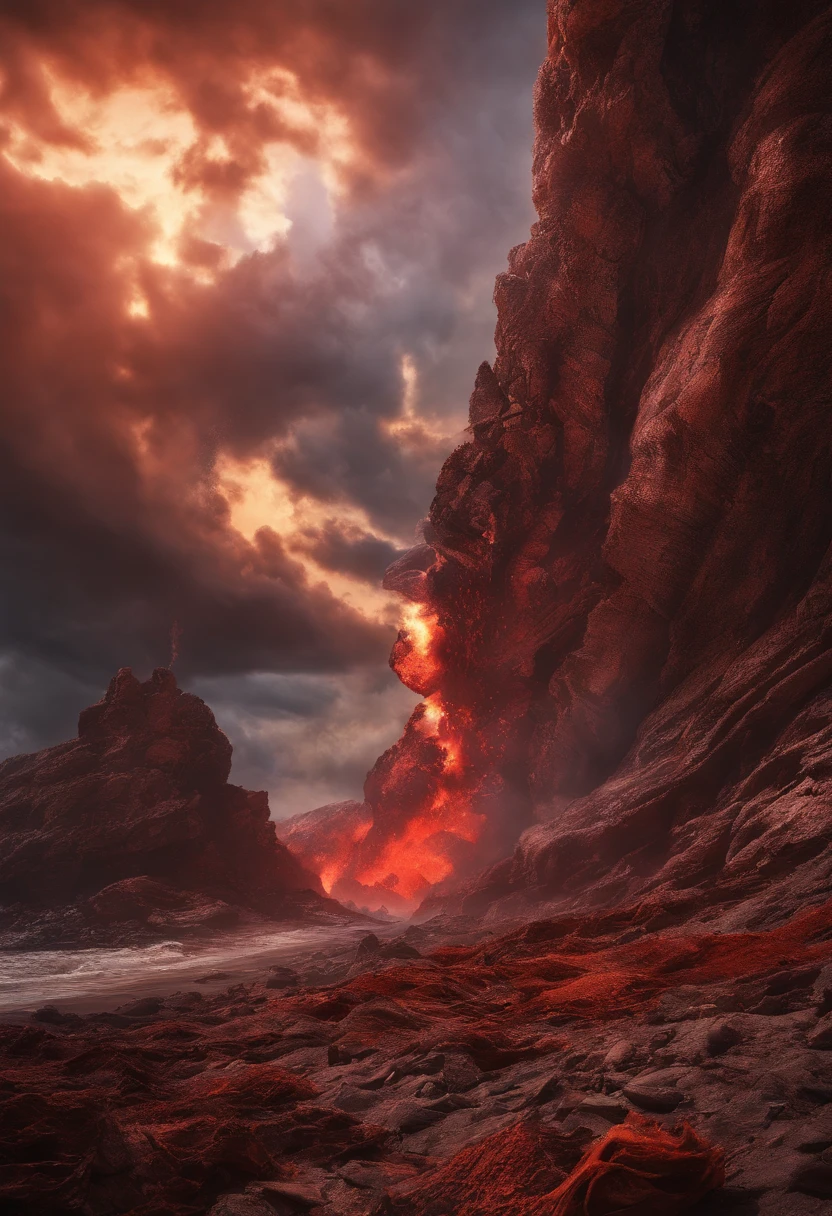 （Undersea volcanic eruption), （a volcano erupts：1.37），(Four pieces of hot magma flow into the sea and crevices in the rock)，Scorched black rock， (Sky volcanic ash），（rolling waves：1.0），Fire red sky，destroy，inverted image，Epic graphics，shocking effects，,Photography,Barnett S...,Photorealism,Imaginative,Otherworldly,Image from the work of Darren Aronofsky,Quixel Megascans Render,The picture is from Roger Deakins's work,Bottom view,Beautiful lighting, --AR 9:16 --V 5.2 --Upper Beta --Stop 80