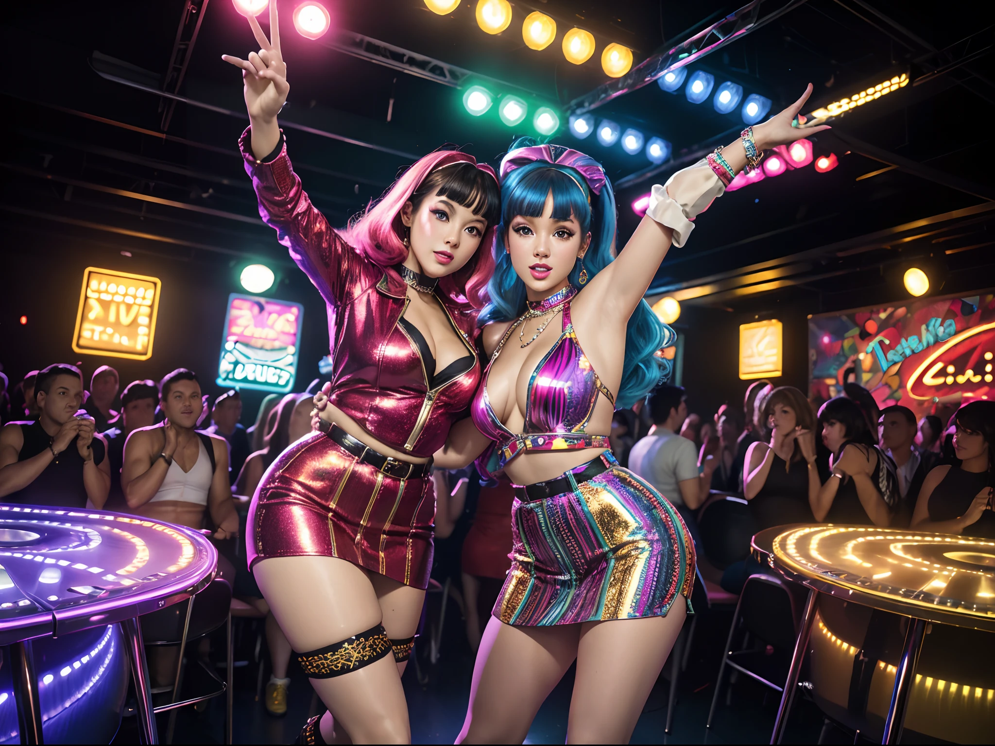 (best quality, 4k, highres, masterpiece:1.2), ultra-detailed, (realistic,photorealistic,photo-realistic:1.37), portraits, [vintage], [retro], vibrant colors, disco lights, energetic dance routines, [mini-skirts], [knee-high boots], [1960's], [go-go dancers], [sexy attitude], stylish hairstyles, [colorful patterns], [disco club atmosphere], dynamic poses, vivid expressions, captivating stage, [groovy music], [high energy].