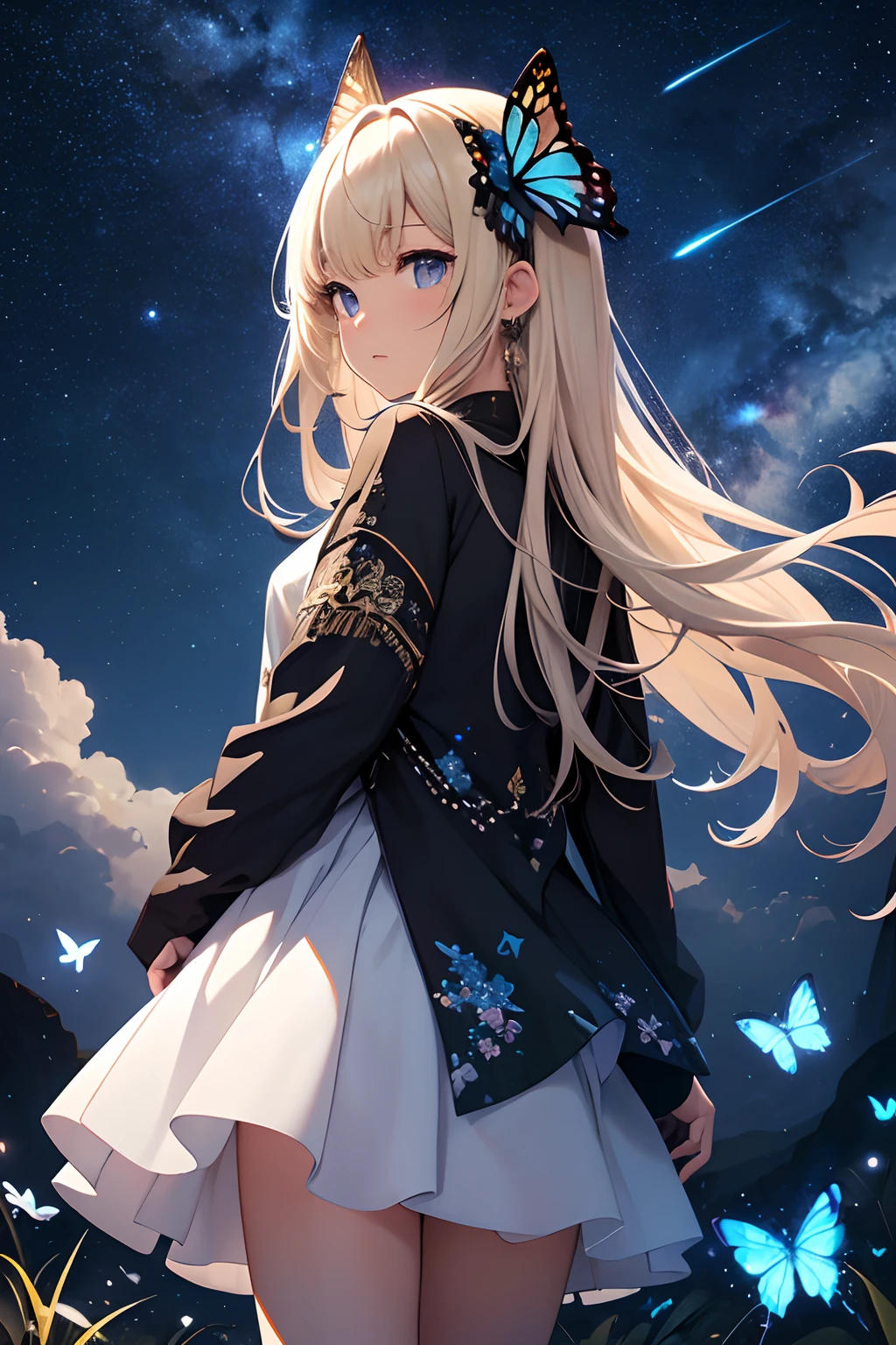 ​masterpiece、Background with（（Fantastic starry sky、kosmos、black hole））、heavy wind、Standing in the distance、Rear view、Butterflies in a white mini dress with a slit々Embroidery、Blonde Long、Butterflies with hair in a bun々Pin in、a beauty girl、butterflys々emits light blue light
