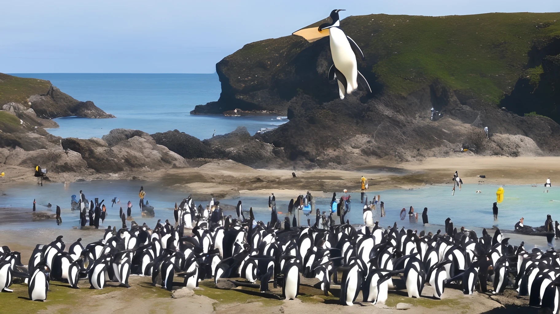 Super cool penguin slam dunking over some huge polar bears