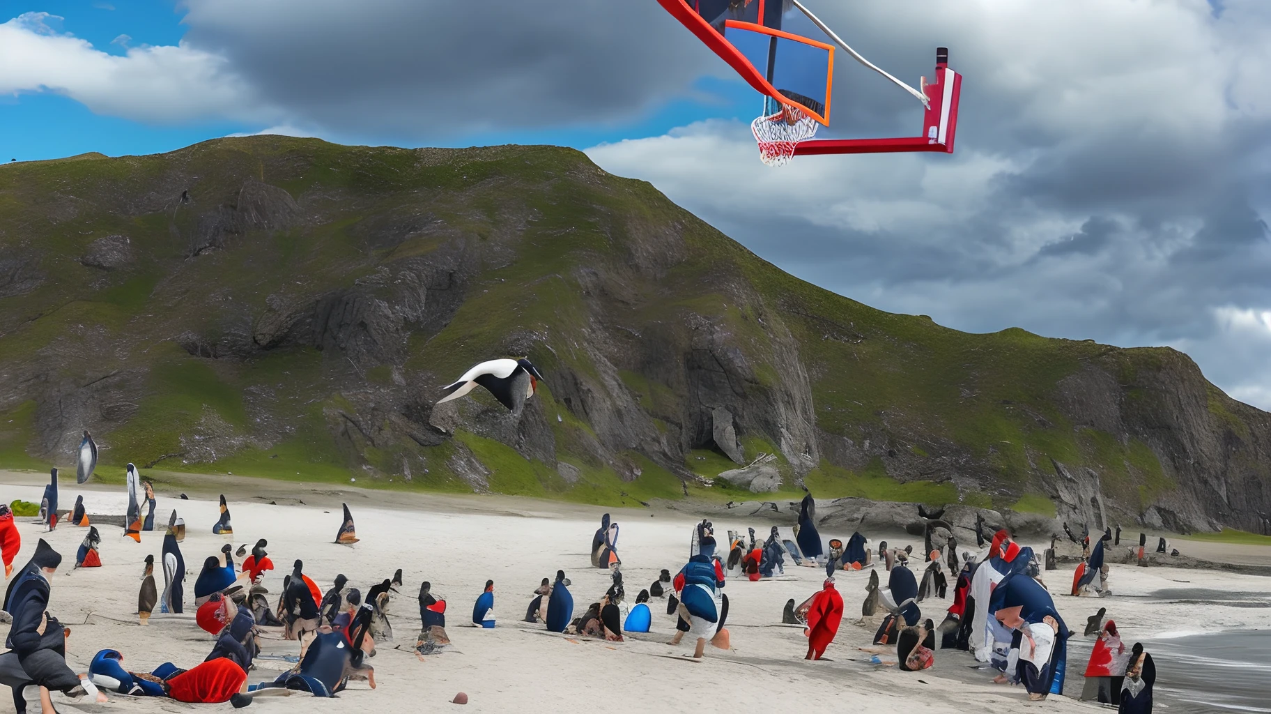 Super cool penguin slam dunking over some huge polar bears