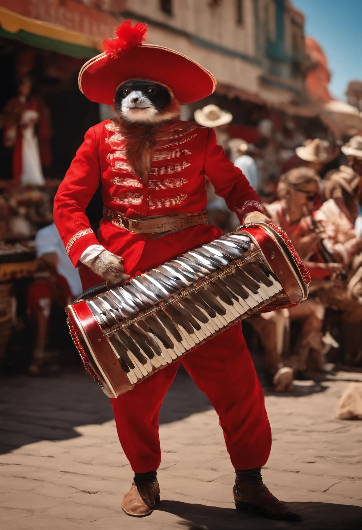 A cricket dressed as a bandit in a red and white outfit with an accordion in his hand at a crowded market on a beautiful sunny day and a sign written drums explosion