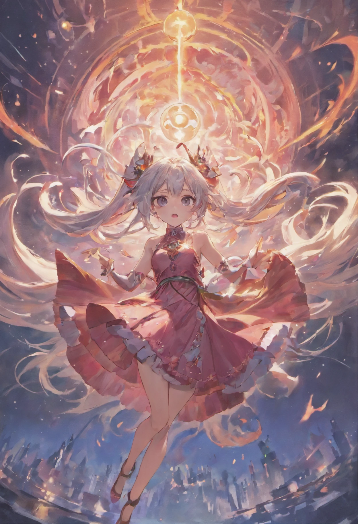 Dragon flying over burning town、large plumage、highcontrast、Girl is looking at the sky、red fullmoon、splash water､Flowing flame、detailed girl、neon color､Incandescent effect､18year old、(Ice Dragon;3,7)、(((pink  dress､Twintail、Rin々Shishi Face、With long silver hair)))、((Hanging eye))