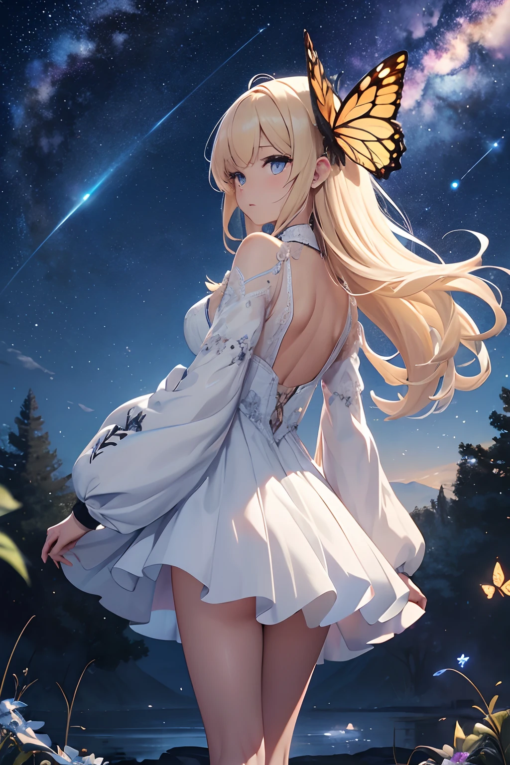 masterpiece、Background with((Fantastic starry sky、kosmos、black hole))、heavy wind、Standing in the distance、Rear view、Butterflies in a white mini dress with a slit々Embroidery、Blonde Long、Butterflies with hair in a bun々Pin in、a beauty girl、butterflys々emits light blue light