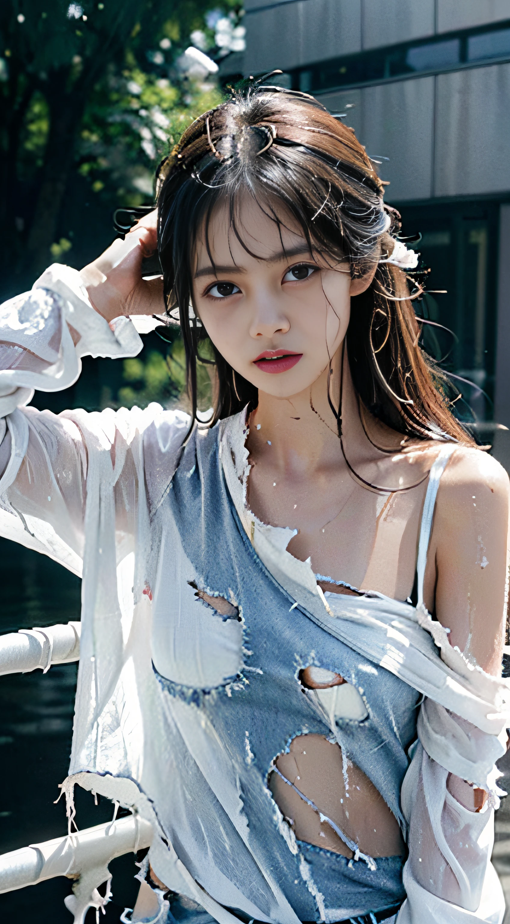 Best picture quality, masterpiece, ultra high resolution, (fidelity :1.4), photo, 1 girl,[(sadness)],white shirt, Dim, dark, desperate, pitying, pitiful, cinematic,tear,teardrop,(Torn clothes:1.5), (Wet clothes:1.4), bare shoulders,Real rain,wet hair,..