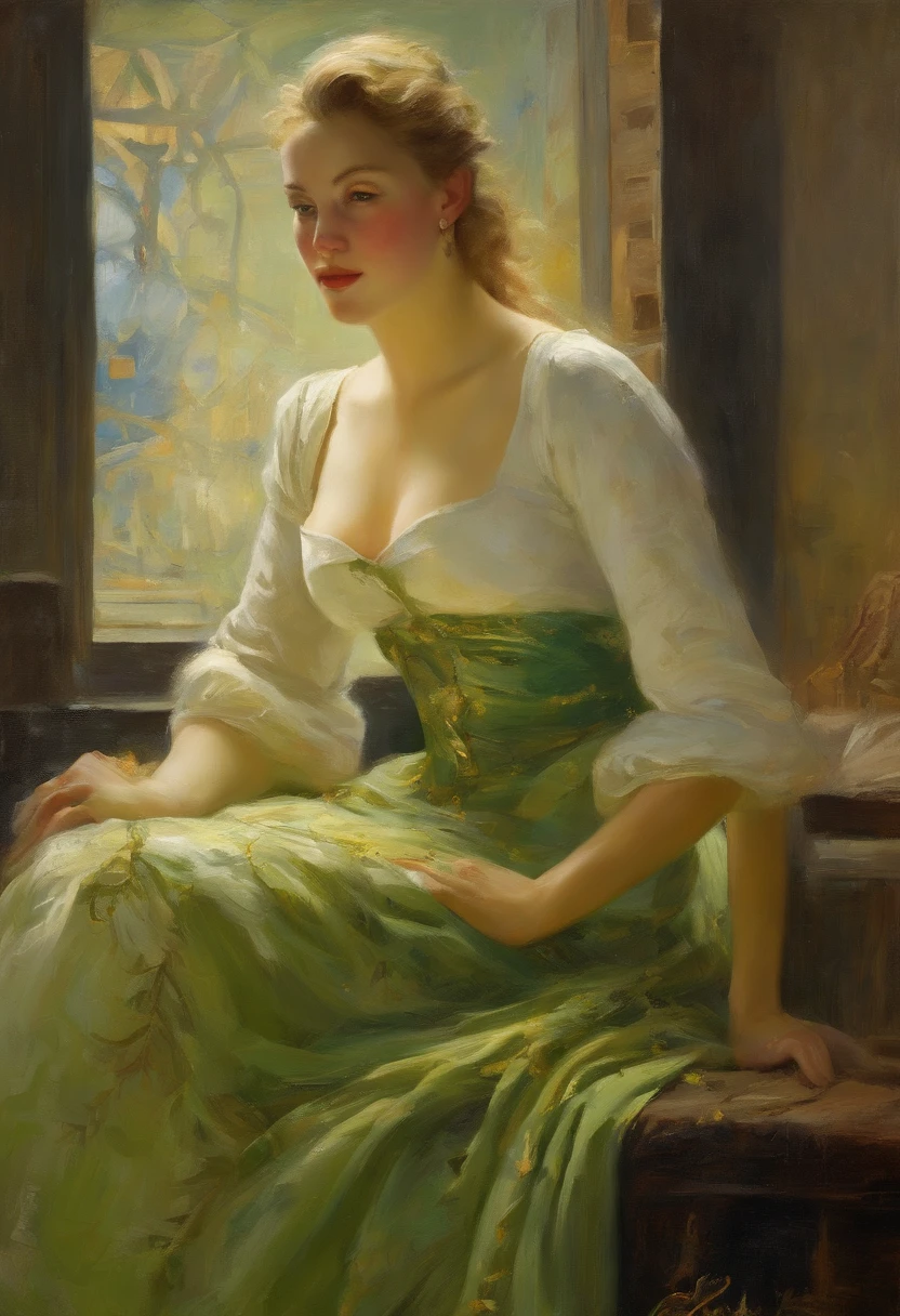 ((best quality,high resolution,high detail))), ((fantasy))), ((fortress)), ((inside of an inn)), (standing in the starry sky))), a magnificent, muscular man, wearing a white short skirt with gold embroidery, long straight golden hair, deep green eyes, a green coat with gold embroidery, a charming smile, voluptuous breasts bursting out of the blouse, (gentle breeze), the room filled with floating light particles.