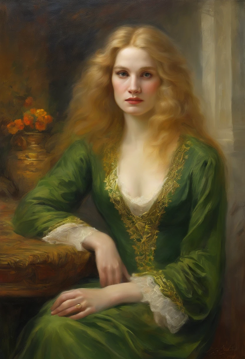((best quality,high resolution,high detail))), ((fantasy))), ((fortress)), ((inside of an inn)), (standing in the starry sky))), a magnificent, muscular man, wearing a white short skirt with gold embroidery, long straight golden hair, deep green eyes, a green coat with gold embroidery, a charming smile, voluptuous breasts bursting out of the blouse, (gentle breeze), the room filled with floating light particles.