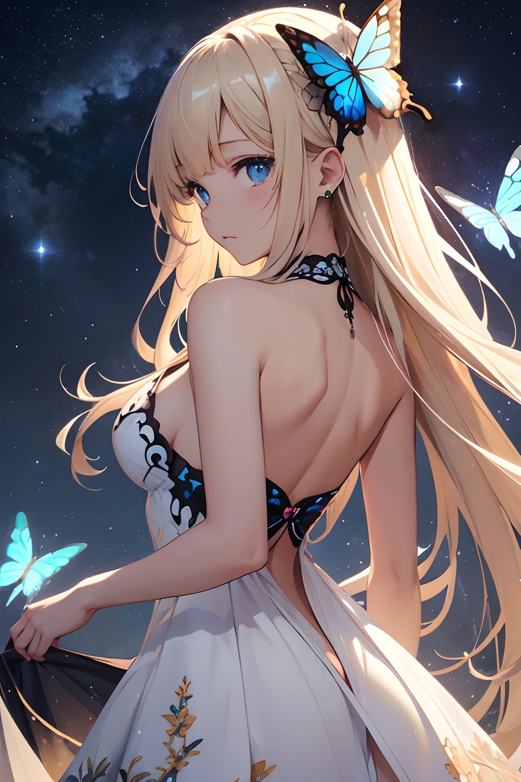 ​masterpiece、Background with（（Fantastic starry sky、kosmos、black hole））、heavy wind、Standing in the distance、Rear view、Butterflies in a white mini dress with a slit々Embroidery、Blonde Long、Butterflies with hair in a bun々Pin in、a beauty girl、butterflys々emits light blue light