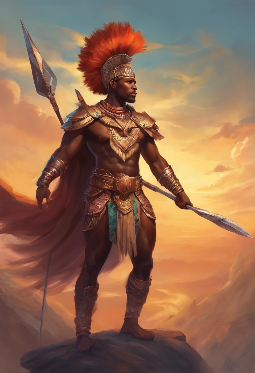 African Zulu warrior, with spear in hands, standing after victory, valor , heroic pose