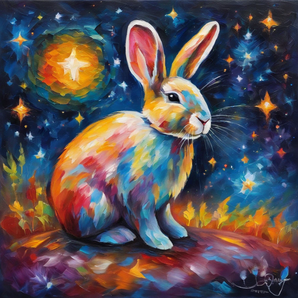 A colorful crystal bunny stands in the starry sky of the universe