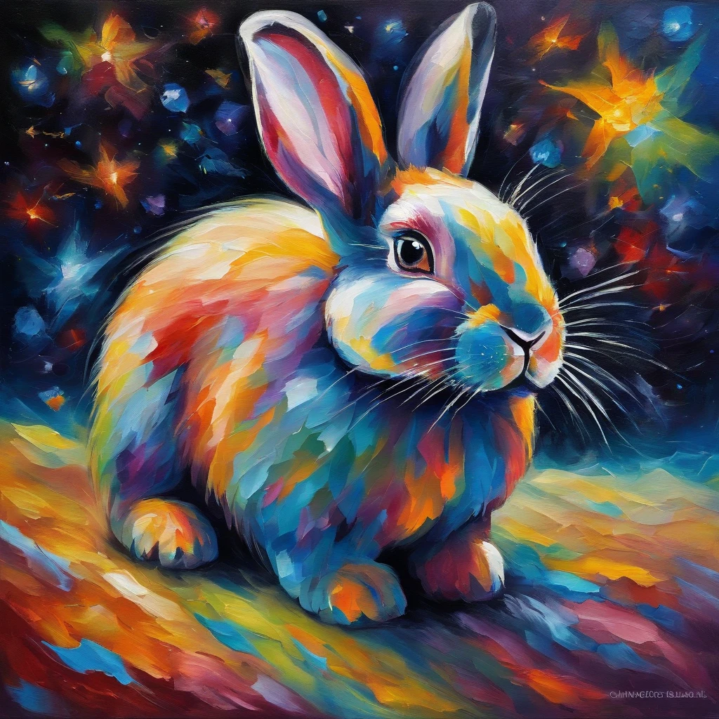 A colorful crystal bunny stands in the starry sky of the universe