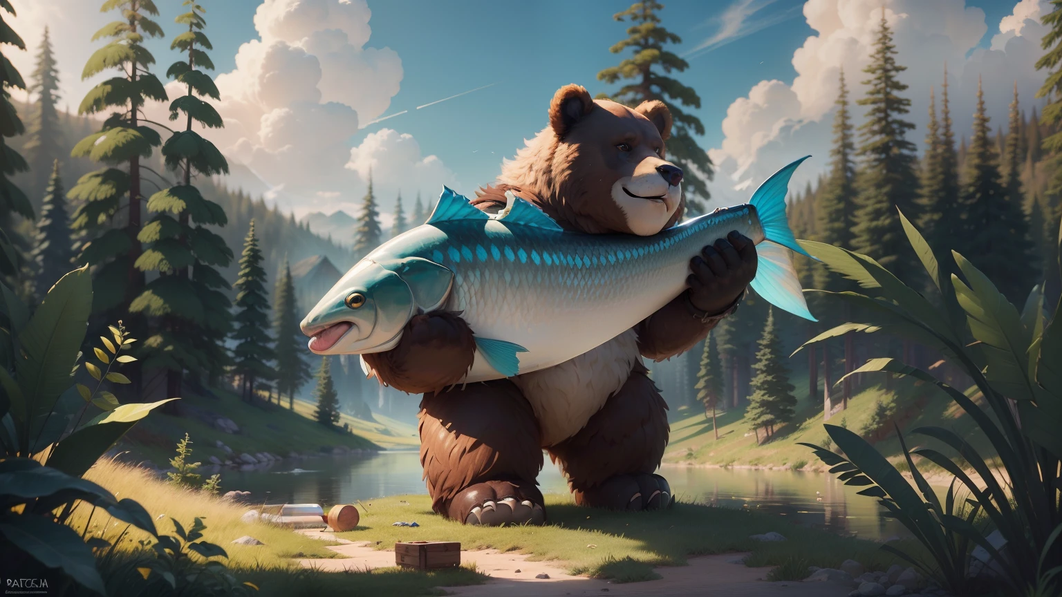 (On parchment paper, Sheet Characteristics), A full body shot, with the image of a large cartoon brown bear, Dressed in fishing boots, Perch caught in paws, Next to it is a box with fishing gear, On a summer day in a meadow a bucket of fish,, Character sheet of old parchment paper with 24K resolution, high detail, photo realism, Realistic sketch, Rough sketch, mix of bold dark lines and loose lines, bold lines, humanoid, centered, Focus on character, Big Fish Fluffy Bear Paws, Рафф Баттл носит Visage Dusty Cute.