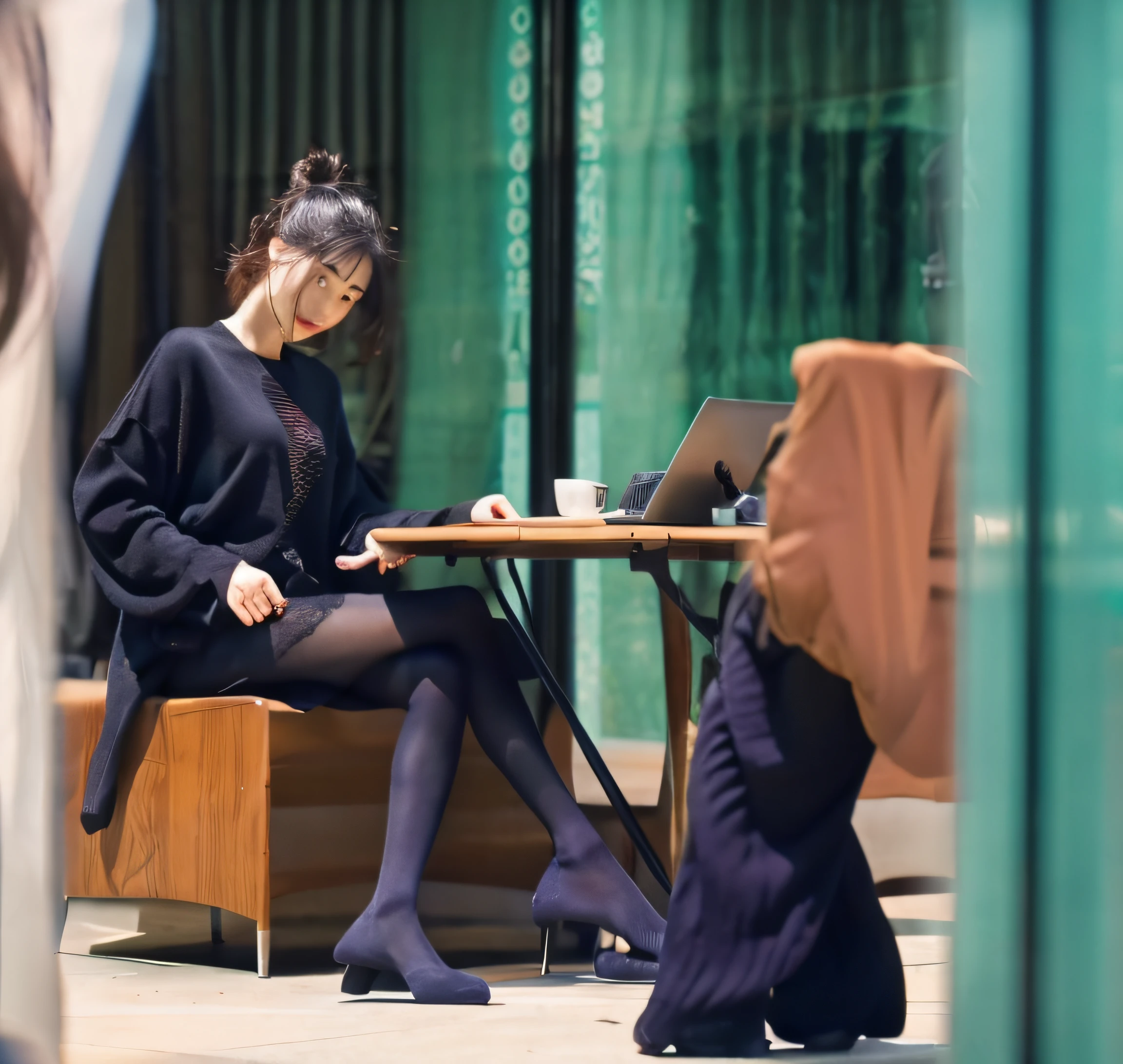 Asian woman sitting at a table, Sit Pose,Look down at the computer,((best qualtiy, 8k, tmasterpiece:1.3)), Focus:1.2, perfect figure beautiful woman:1.4, (Cut hair in layers, ), Long-sleeved tights:1.1,Highly detailed facial and skin texture, A detailed eye, 二重まぶた,Whiten skin,long whitr hair