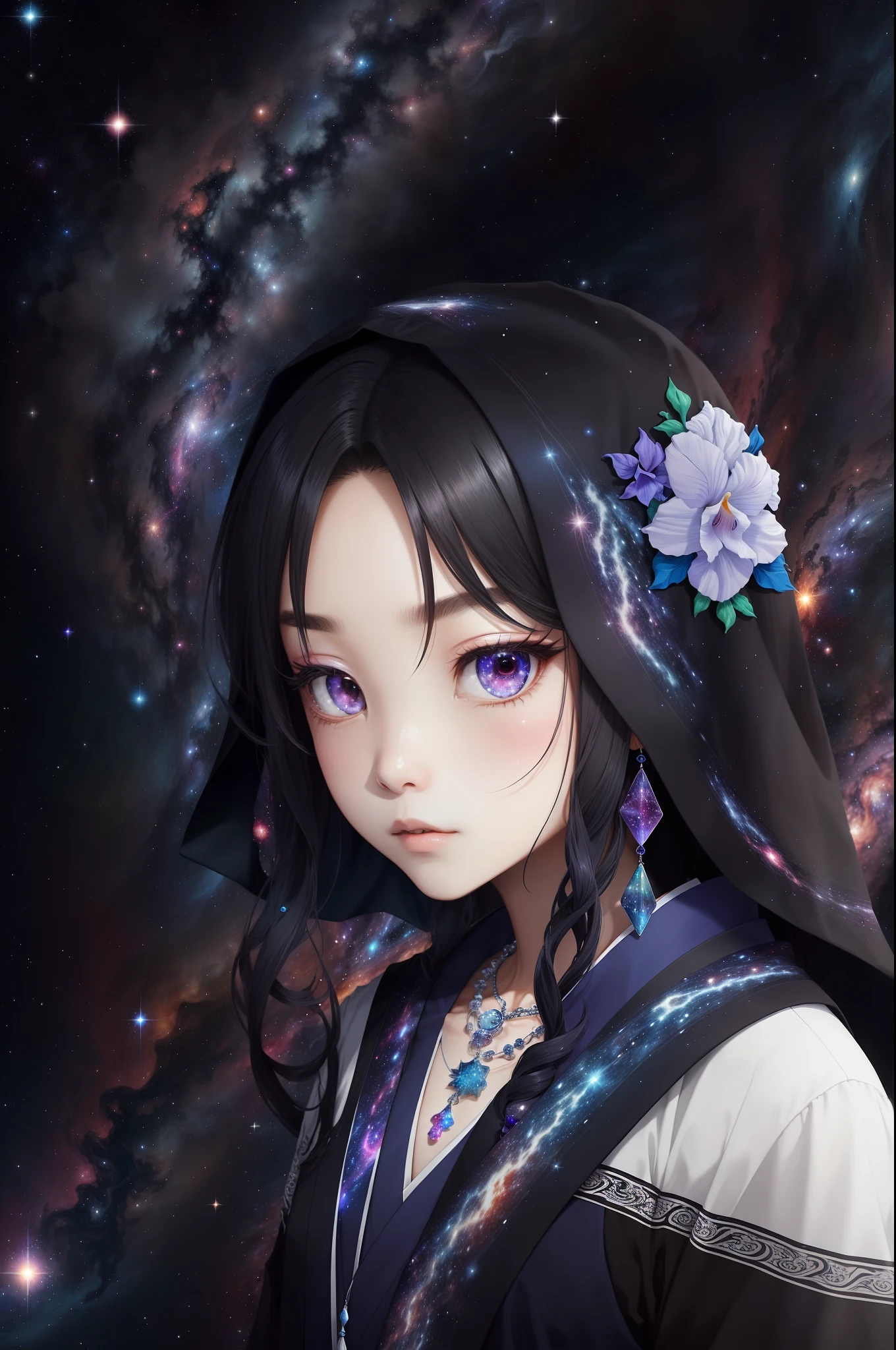 Kyurin Otsutsuki possesses a distinctive and enigmatic appearance that sets them apart as a member of the Otsutsuki clan:
Physical Features:
Kyurin has porcelain-white skin, which contrasts sharply with their jet-black, long, flowing hair that shimmers with an otherworldly, ethereal sheen. Their hair, often kept loose, falls gracefully down their back and partially veils their sharp, intelligent eyes.
Eyes:
Kyurin's eyes are one of their most captivating features. They have irises that shift between colors resembling the depths of space, showcasing an ever-changing array of cosmic phenomena—stars, galaxies, and nebulae. These irises reflect their unique connection to different dimensions and realms.
Attire:
Kyurin typically dons an intricately designed, high-collared robe in deep indigo, adorned with intricate constellations embroidered in silver and gold thread. The robe conveys a sense of cosmic majesty and serves as a testament to their interdimensional travels. It also features long, wide sleeves that evoke the appearance of flowing galaxies.
Accessories:
Around their neck, Kyurin wears a necklace made of crystalline fragments from various dimensions they've explored. Each fragment represents a different world and holds its unique properties. The necklace provides them with a tangible connection to the knowledge they've gathered throughout their journey.
Overall, Kyurin Otsutsuki's appearance is a reflection of their cosmic experiences, their connection to multiple dimensions, and their insatiable curiosity about the universe. It captures an air of both mystery and wisdom, hinting at the vast knowledge they've accumulated in their interdimensional travels.
