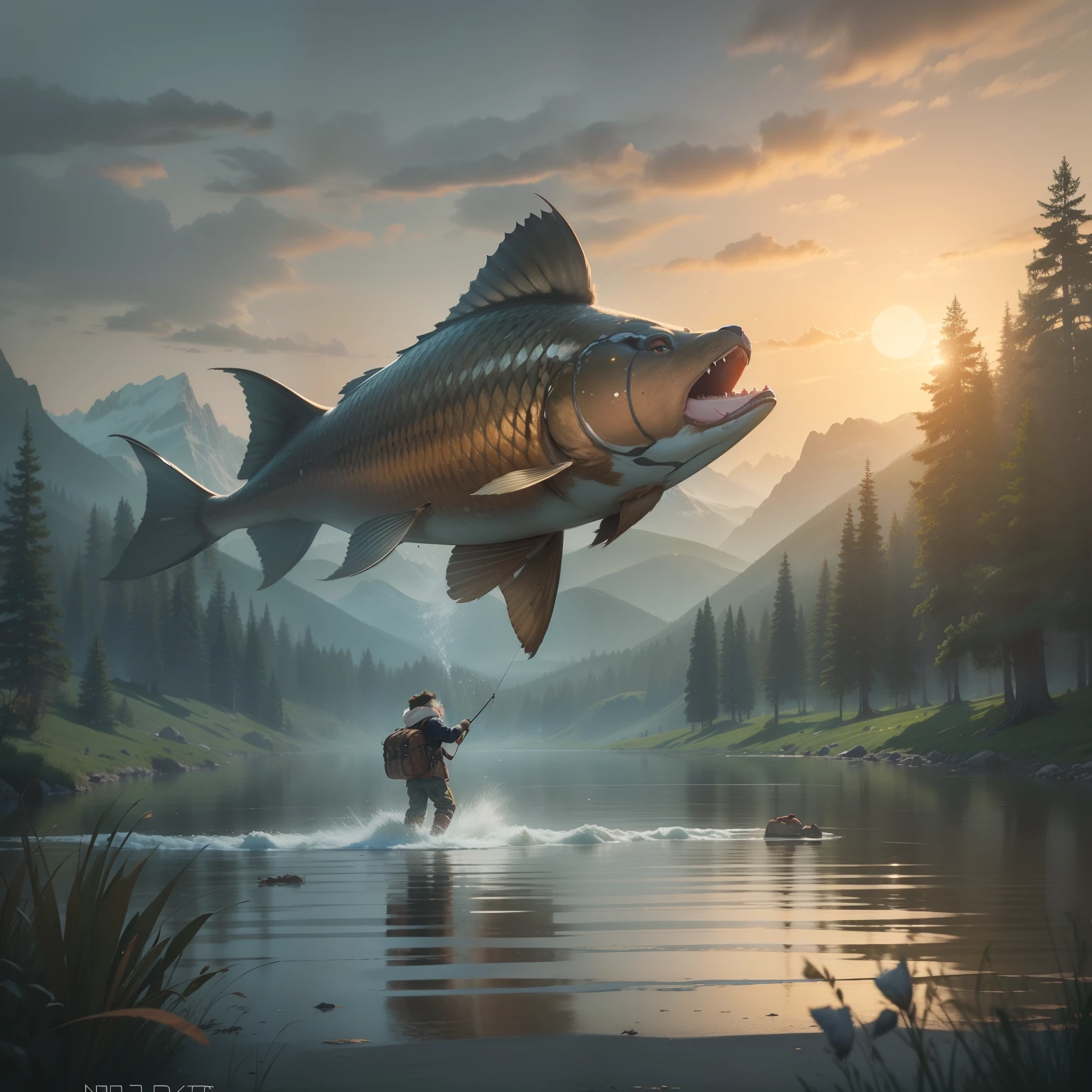 (On parchment paper, Sheet Characteristics), A full body shot, with the image of a large cartoon brown bear, Dressed in fishing boots, Perch caught in paws, Next to it is a box with fishing gear, On a summer day in a meadow a bucket of fish,, Character sheet of old parchment paper with 24K resolution, high detail, photo realism, Realistic sketch, Rough sketch, mix of bold dark lines and loose lines, bold lines, humanoid, centered, Focus on character, Big Fish Fluffy Bear Paws, Рафф Баттл носит Visage Dusty Cute.