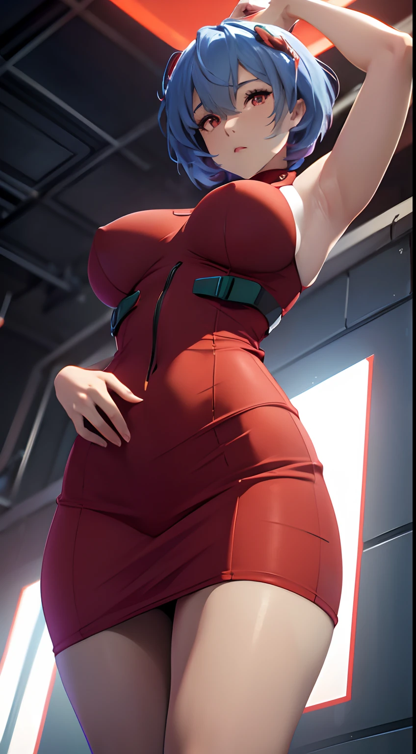 Rai Ayanami, (((sleeveless red tight dress))), high heels,High quality, highly detailed, 4k, RAW photo, best quality,(shot from below:1.4),breasts cup c,, thick thighs,showing cleavage, wide hips, thin waist, realistic skin, beautiful colorful, black light painting,, Cinematic lighting, lush illumination, Maya render (Solo:1.1), (front facing:1.2),,